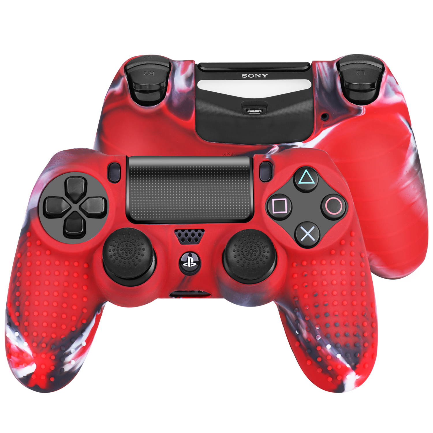 PS4 / Slim / Pro Controller Skin Grip Cover Case Set - Protective Soft Silicone Gel Rubber Shell & Studded Anti-slip Thumb Stick Caps for Sony PlayStation 4 Controller Gaming Gamepad (Mystic Red)