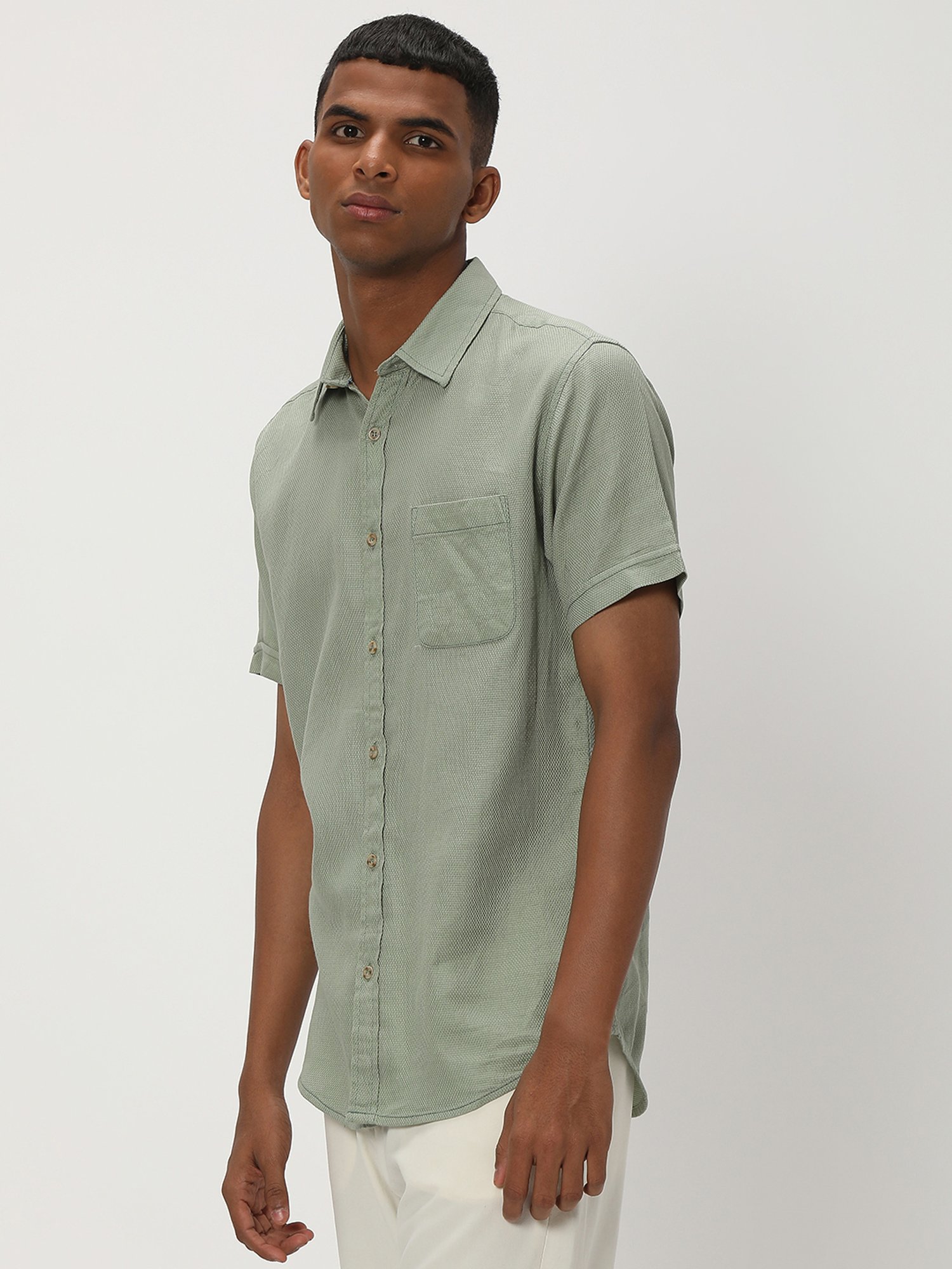 Mufti Light Olive Slim Fit Textured Cotton Linen Shirt