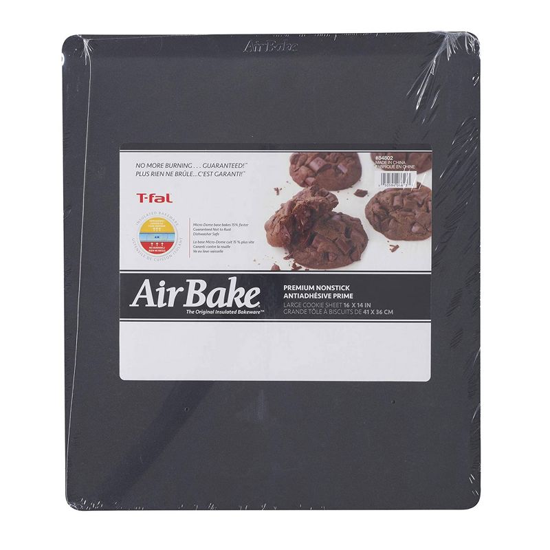 T-Fal Air Bake 14 x 16 Inch Aluminum Steel Non Stick Cookie Oven Bakeware Sheet Tray Pan for Baking and Cooking Pastries or Pizza, Dark (2 Pack)