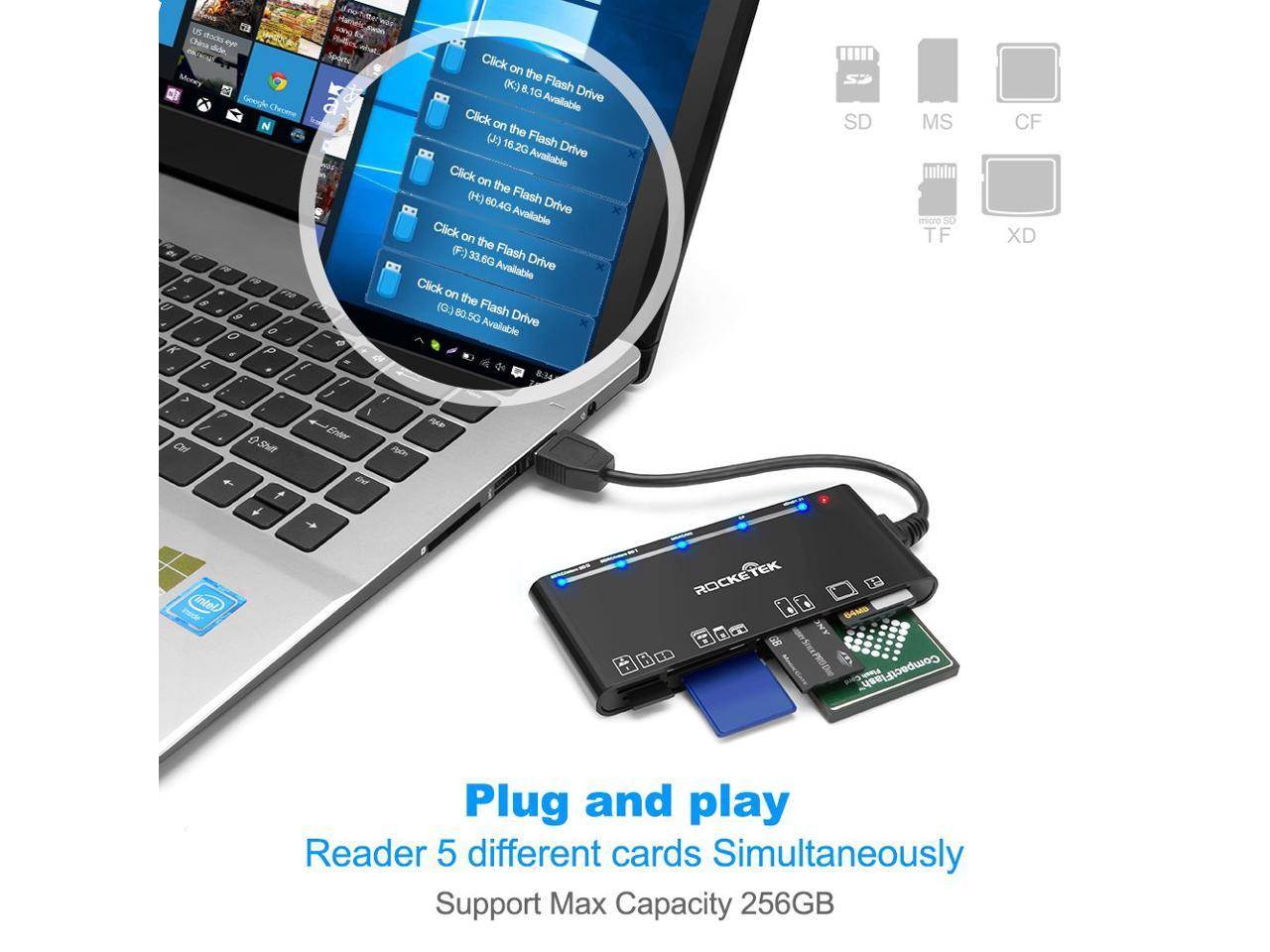 USB 3.0 Memory Card Reader/Writer for CF Card, xD Card, SD Card, Micro SD Card, MS Card, with a 13cm USB Cable design - 5 cards read simultaneously