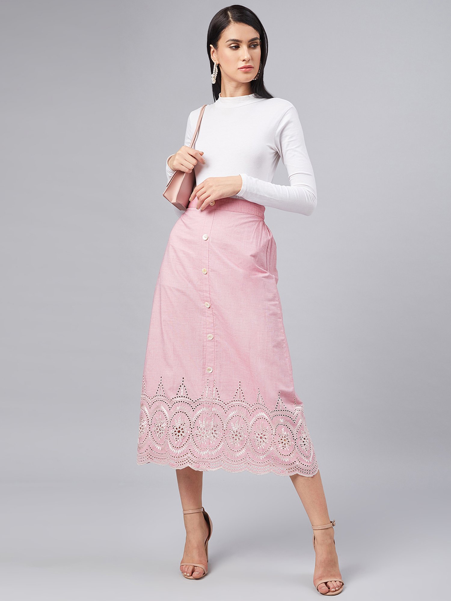 Marie Claire Pink Embroidered A-Line Midi Skirt