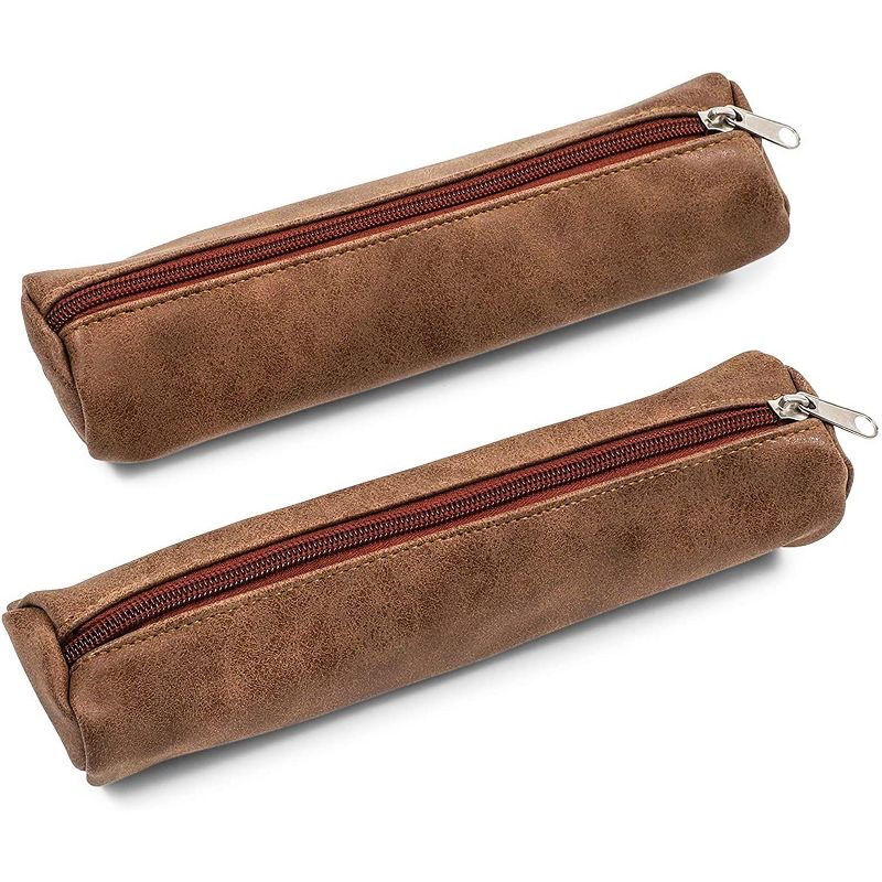 Juvale 2-Pack Brown Faux Leather Pencil Pouch Pen Case for School & Office 2.5 x 9 in