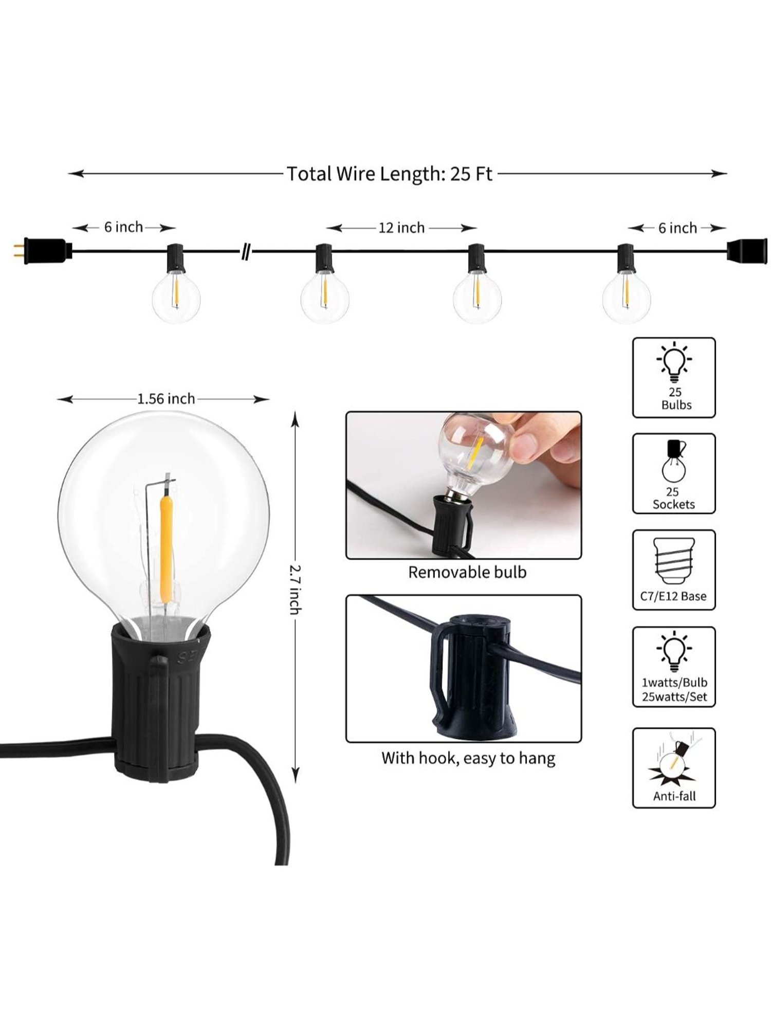 XERGY Outdoor String Lights 25 Feet G40 Globe Patio Lights with 26 Edison Glass Bulbs (Yellow)