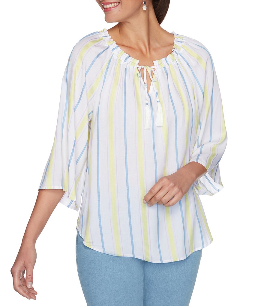 Ruby Rd. Petite Size Stripe Tassel Tie Ruched Notch Neck 3/4 Sleeve Peasant Top