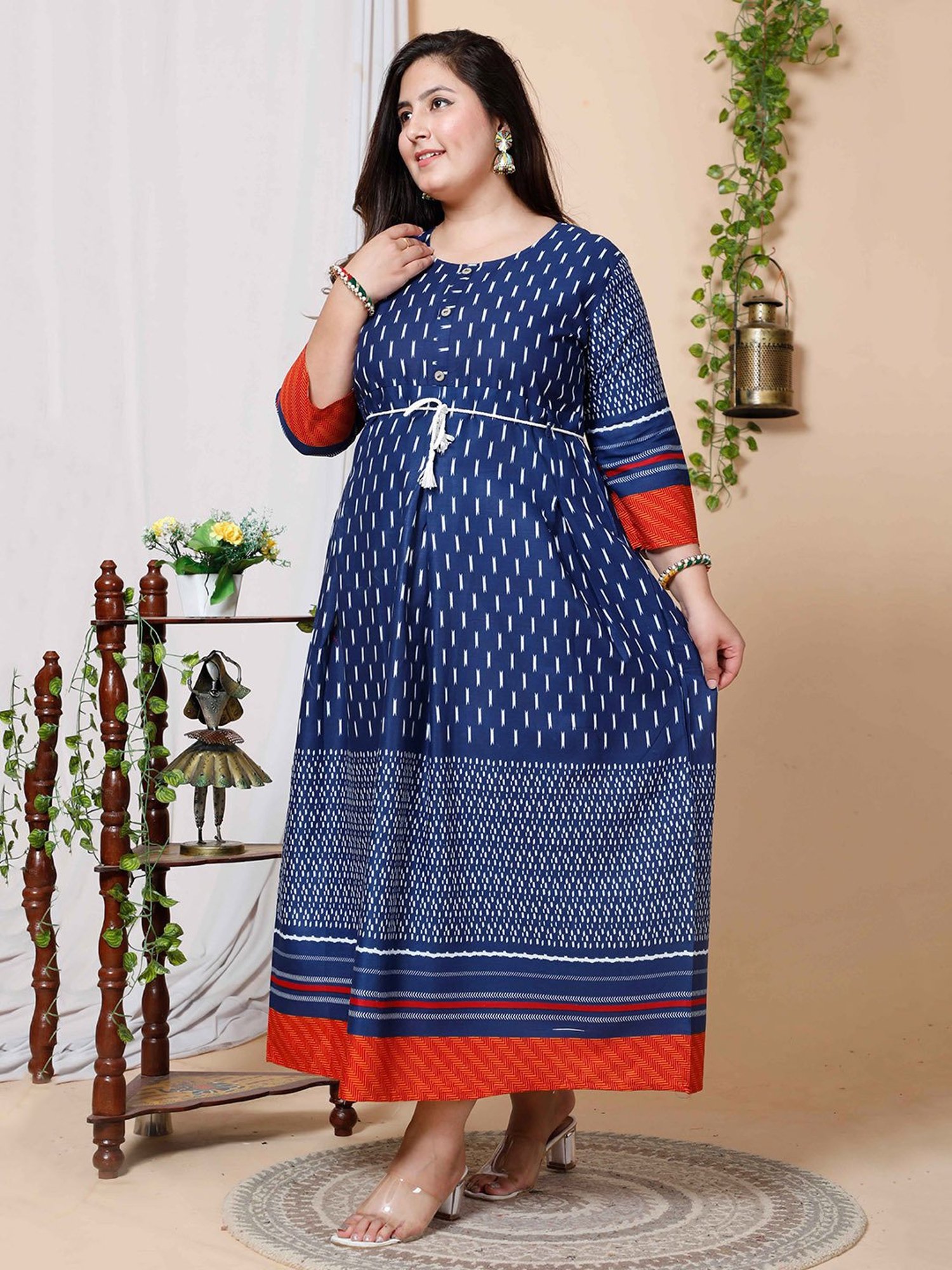 Miravan Blue Printed Plus Size A Line Kurta