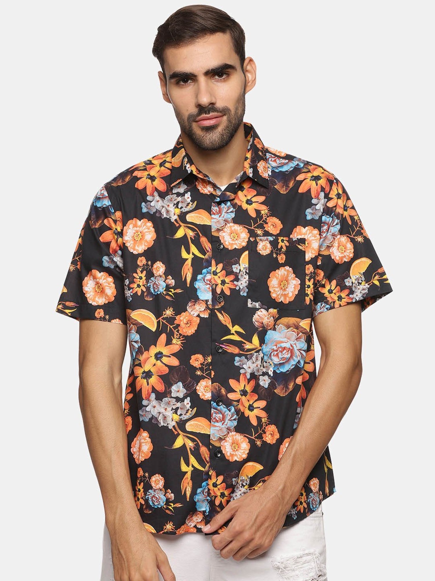 Don Vino Black Slim Fit Floral Print Shirt