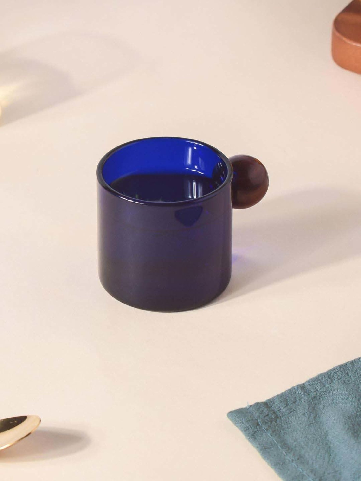 Nestasia Premium Translucent Blue Glass Mug with Knob-Shaped Wooden Handle, 100ml