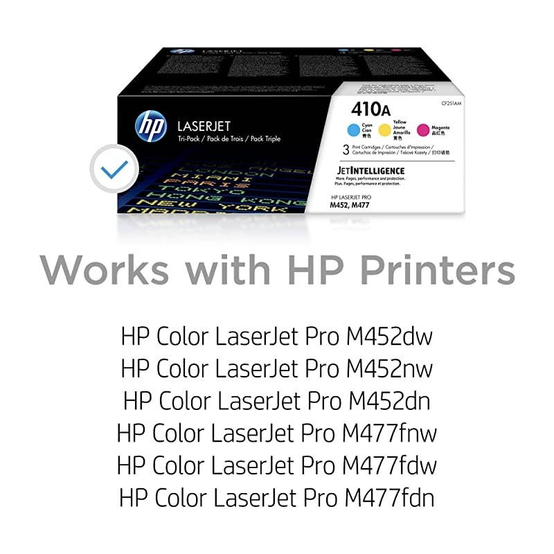 410A | CF411A, CF412A, CF413A | 3 Toner Cartridges | Cyan, Yellow, Magenta | Works with  Color LaserJet Pro M452 Series, M377dw, MFP 477 Series