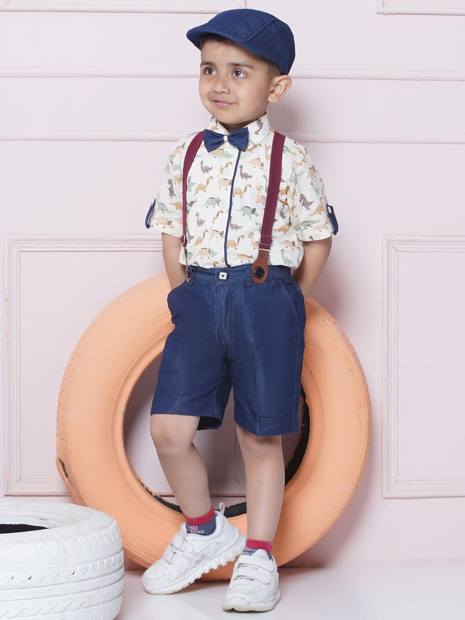 AJ Dezines Kids Green & Navy Printed Shirt, Shorts, Suspender, Bow with Cap