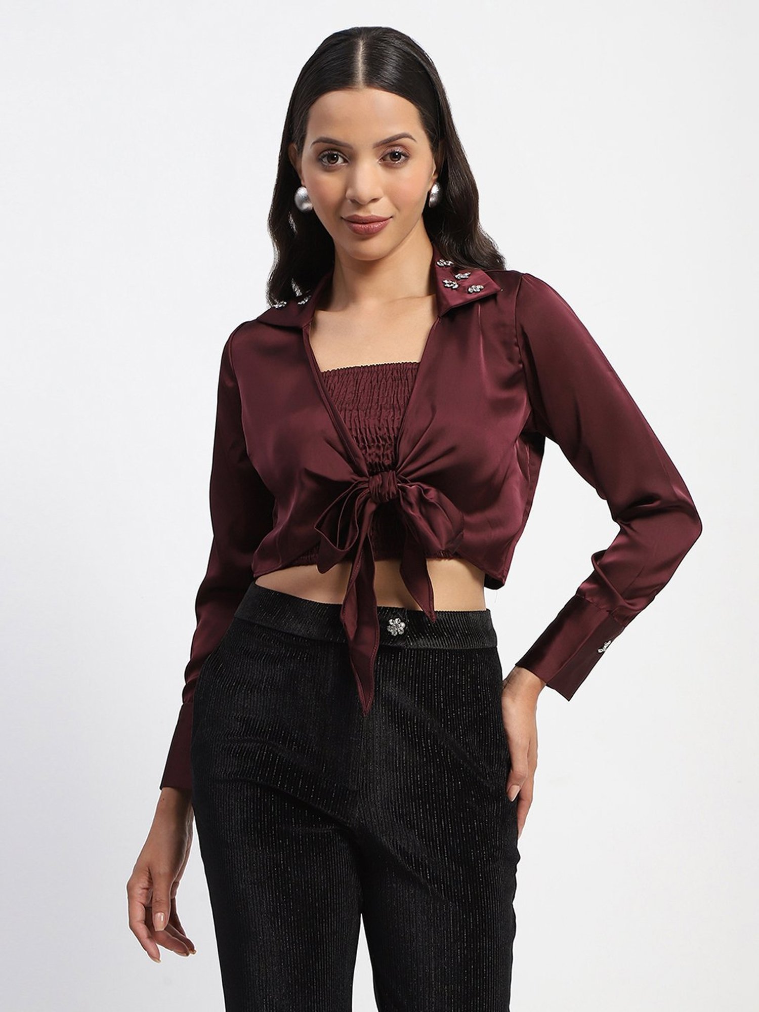 MADAME Maroon Embellished Crop Top