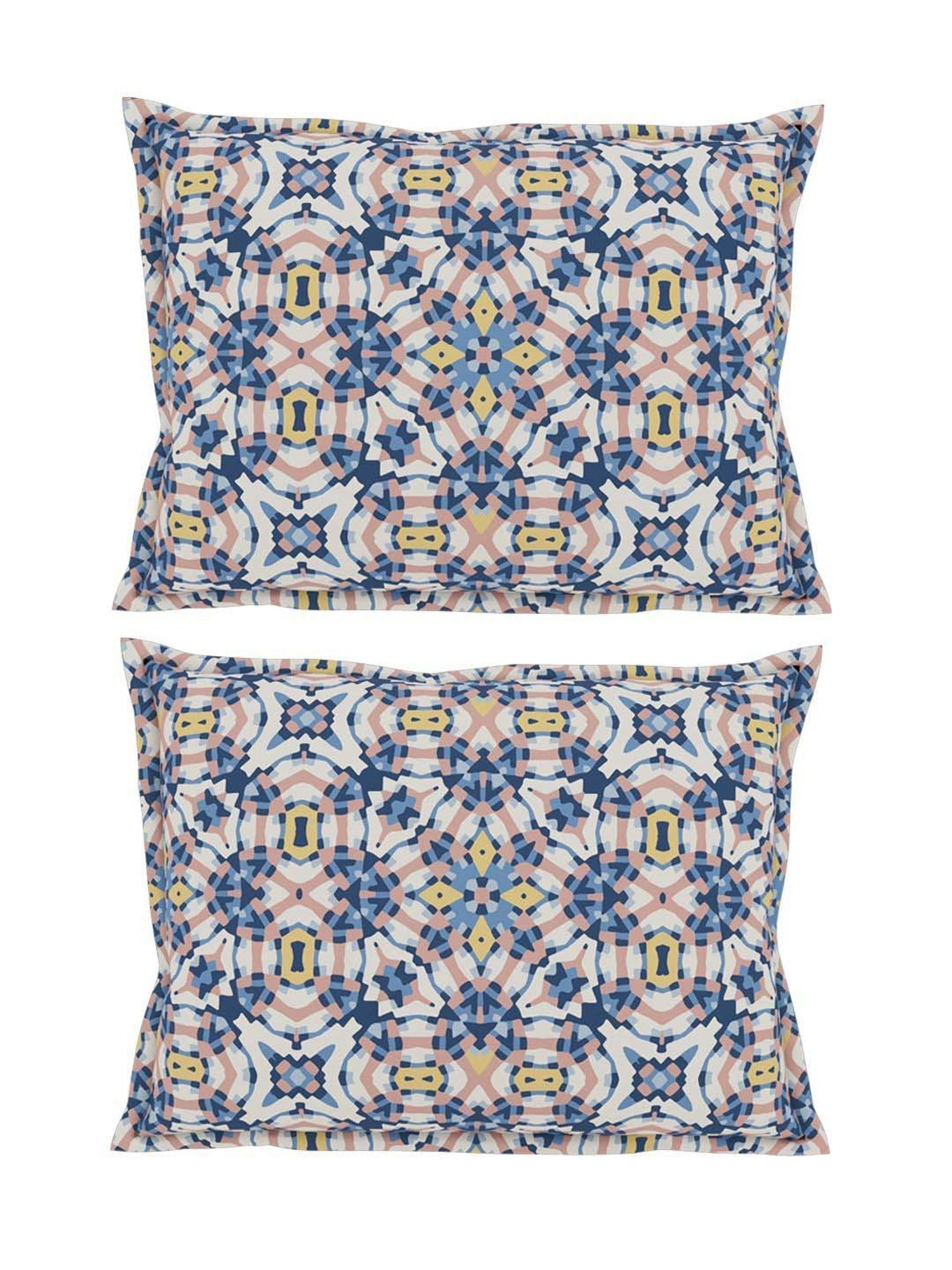 Petal Home Alhambra Blue & Beige Cotton 300 TC Pillow Cover - Set of 2