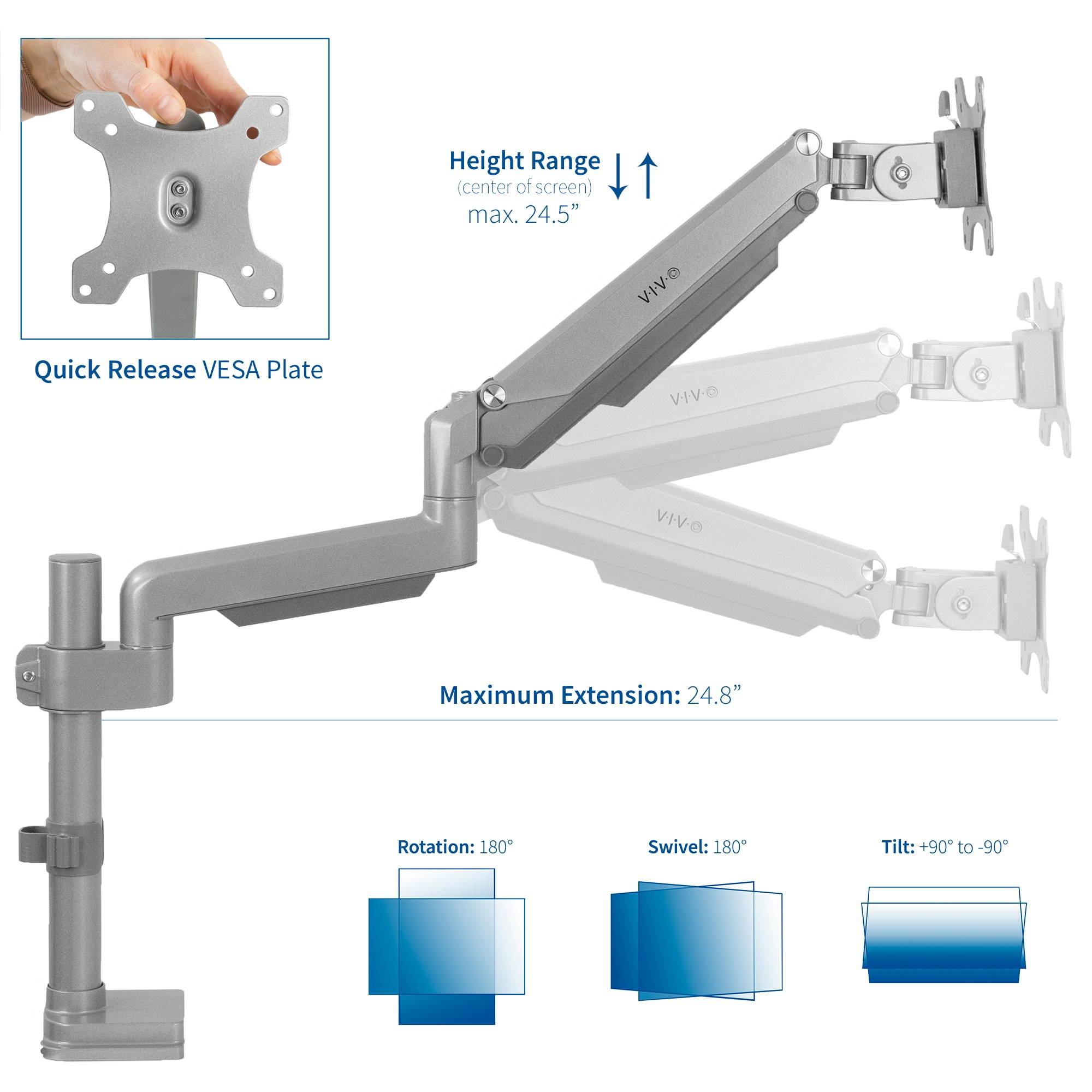 VIVO Silver Aluminum Single Monitor Arm Desk Mount Stand with Pneumatic Spring | Holds 17" to 32" Screens (STAND-V101SV)