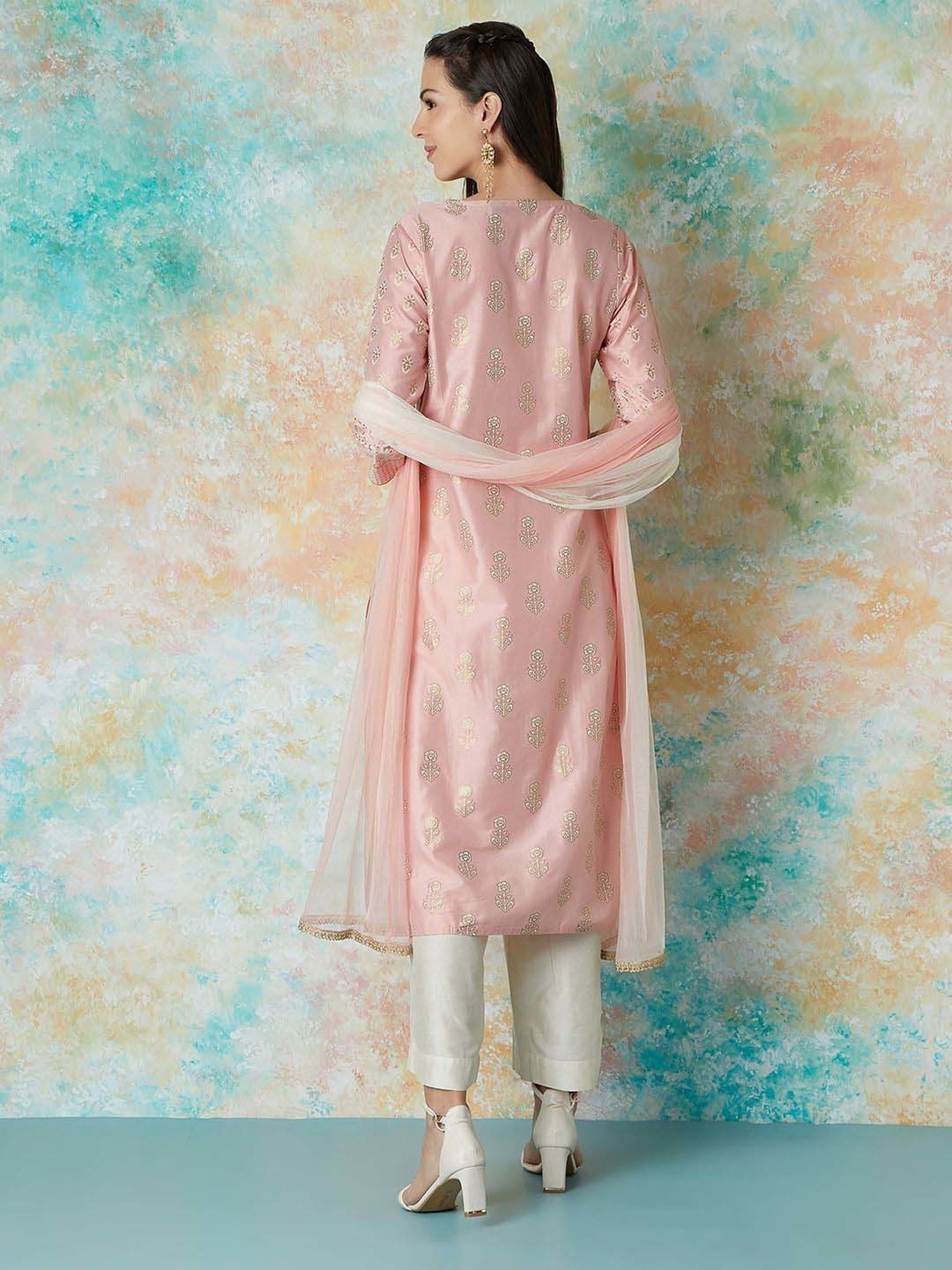 Melange by Lifestyle Pink Embroidered Kurta & Pant Set With Dupatta