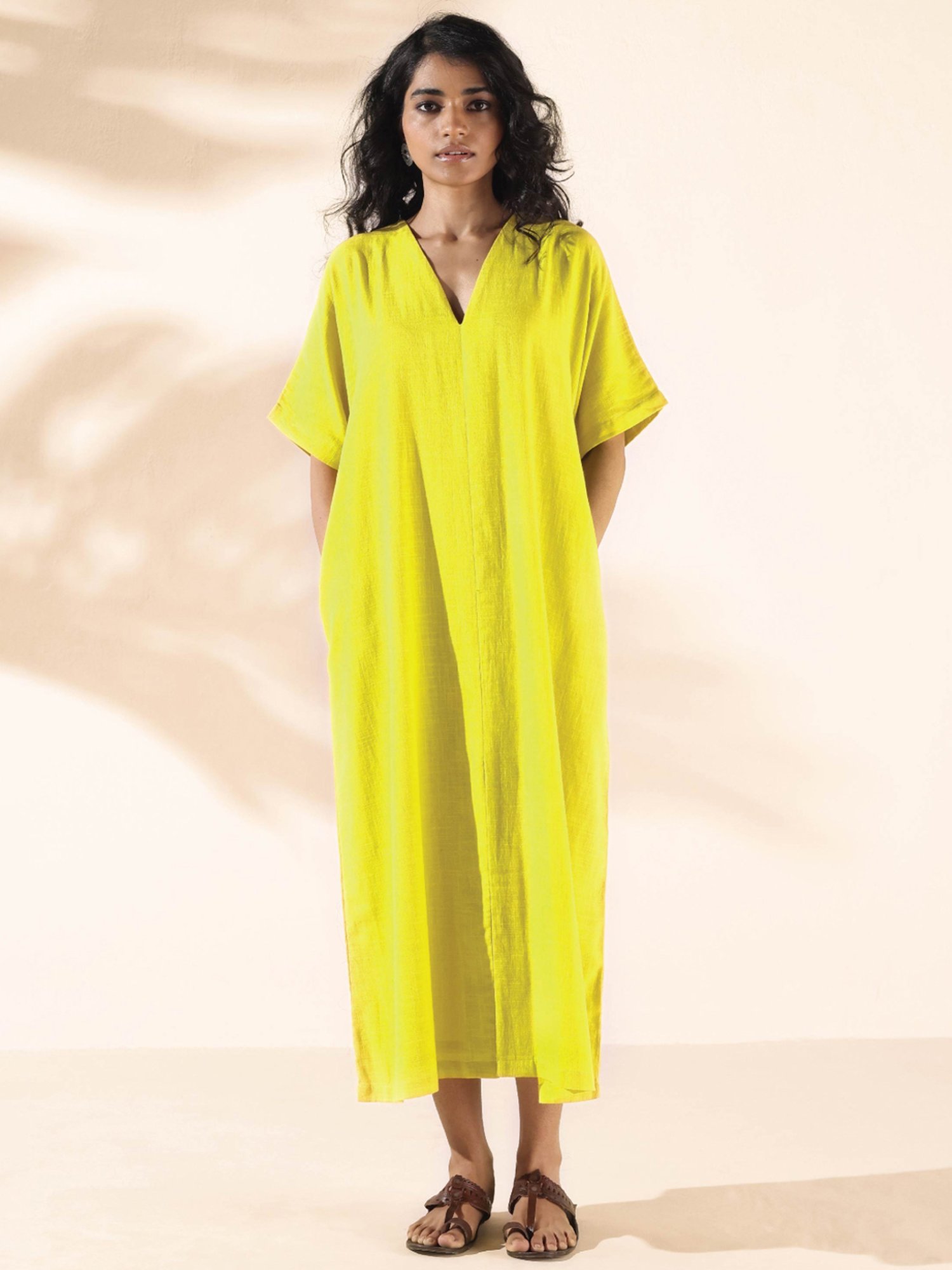 true Browns Yellow Cotton Self Pattern A-Line Dress
