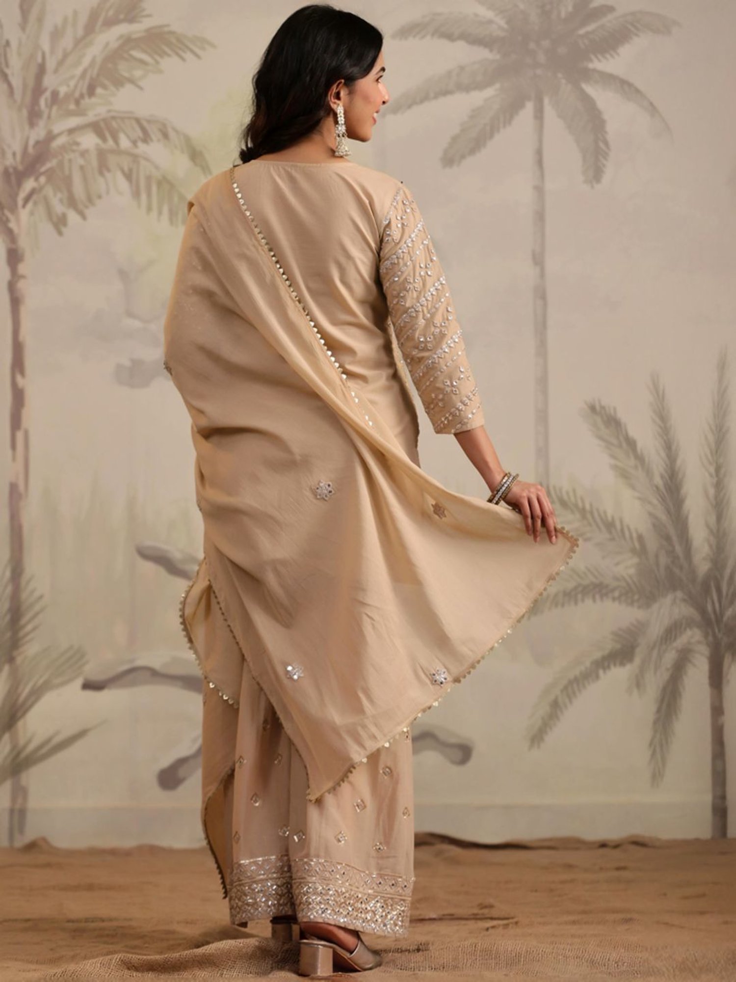 SCAKHI Beige Cotton Embroidered Kurti Sharara Set With Dupatta