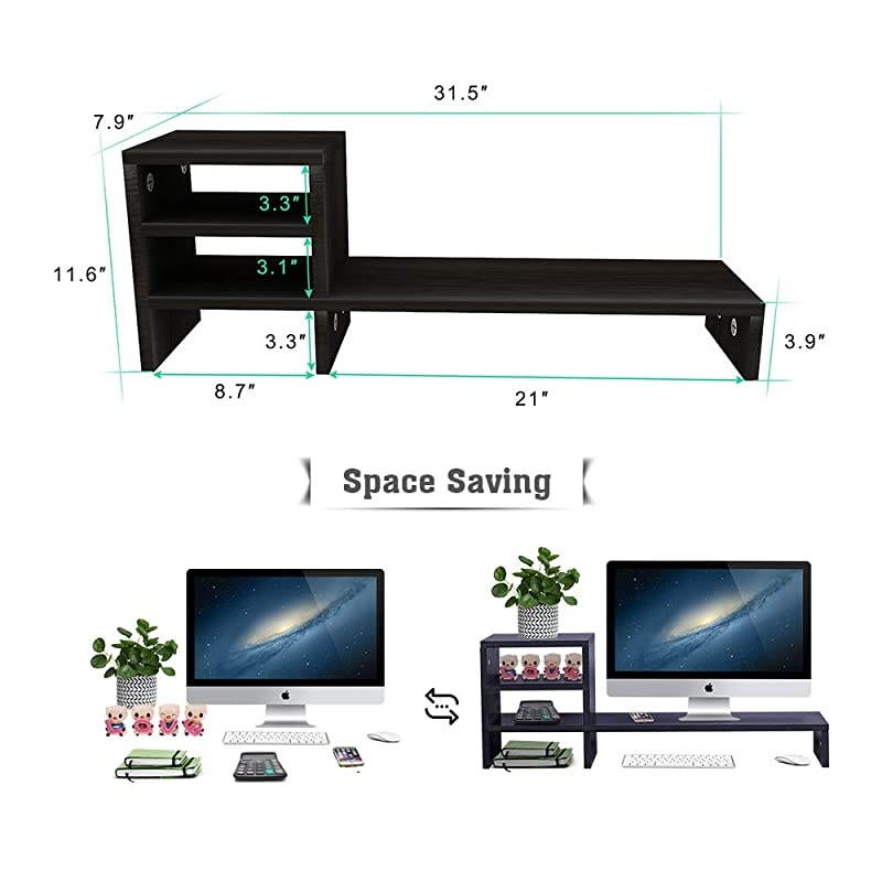 Monitor Stand Riser with 2Tier Storage Shelf 315 inch Desktop Organizer Computer Laptop PC Printer Telephone Stand for Office Dorm Home Space Saving Black