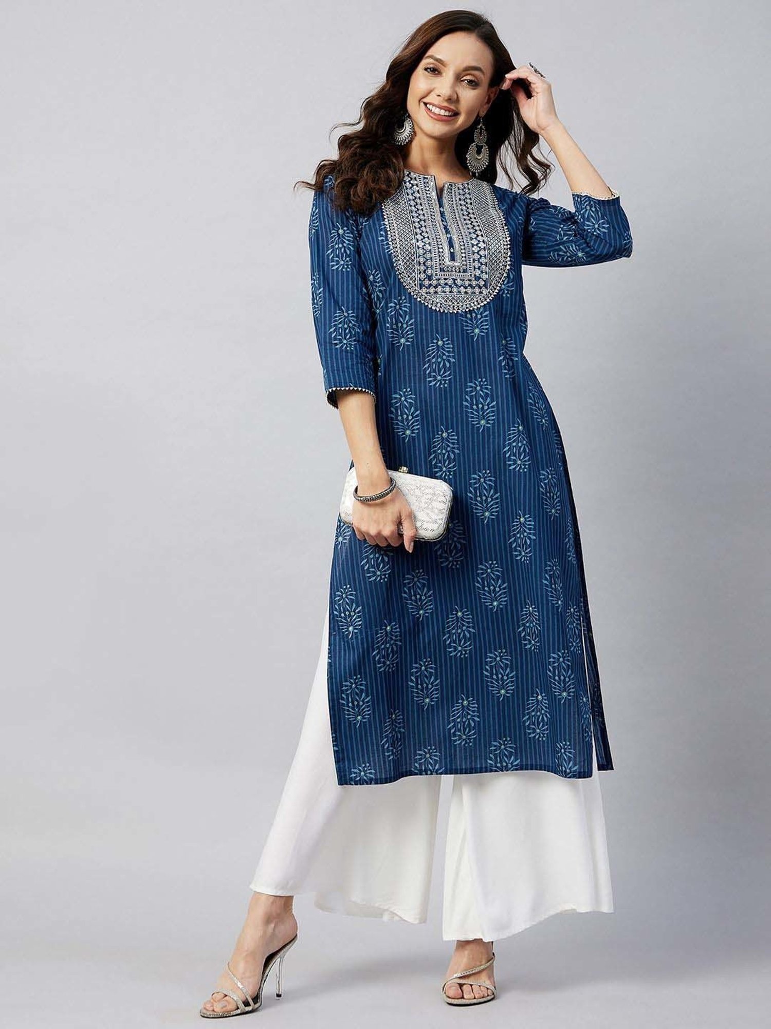 Inweave Blue Cotton Embroidered Straight Kurta