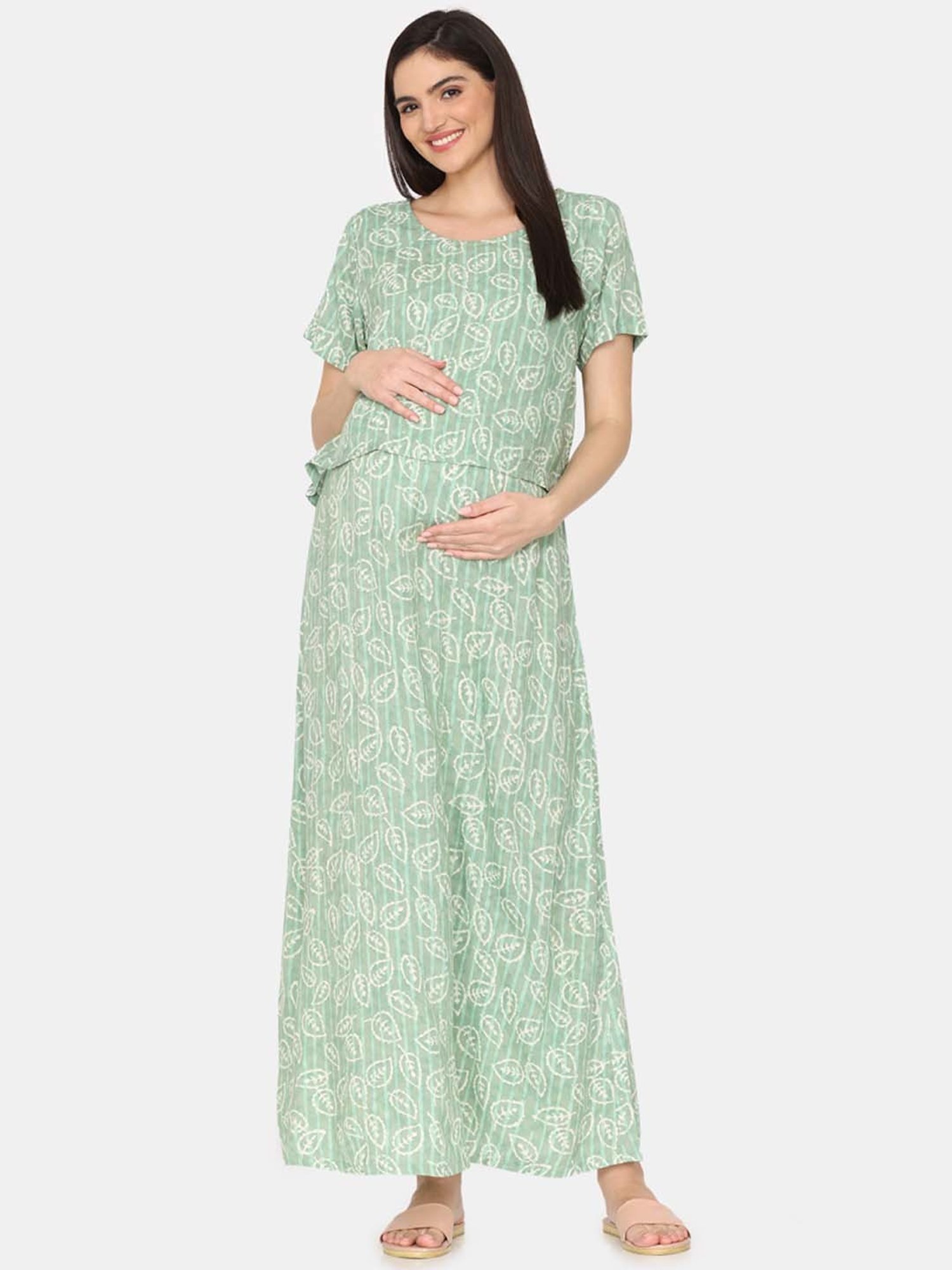 Coucou by Zivame Green Floral Print Maternity Nighty