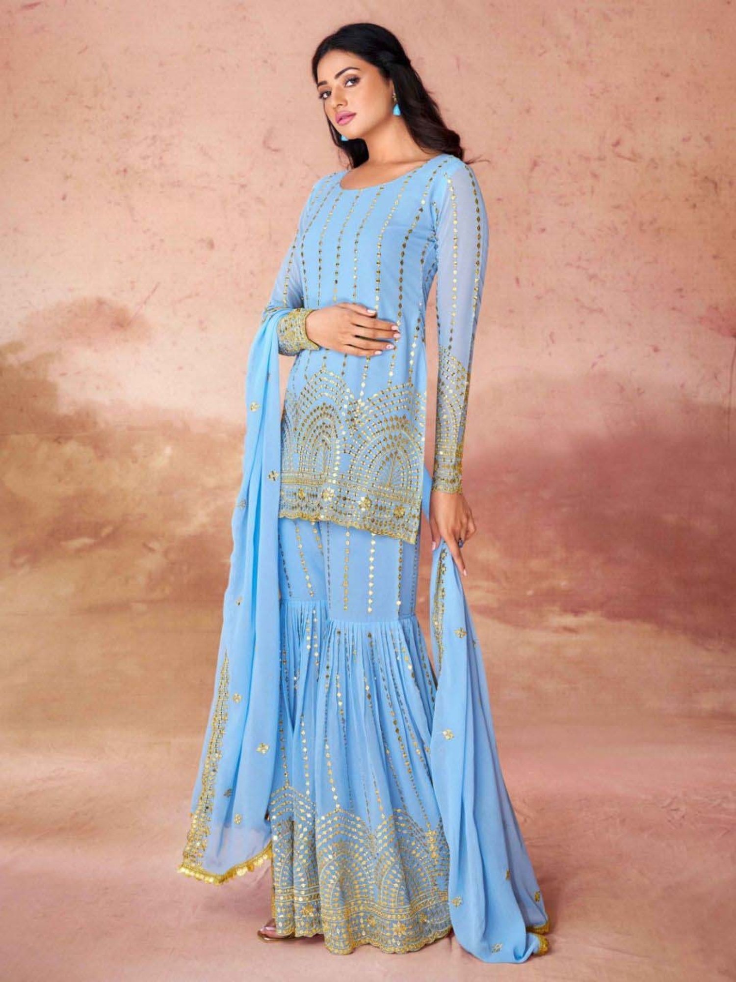 Odette Blue Embroidered Kurti Sharara Set With Dupatta