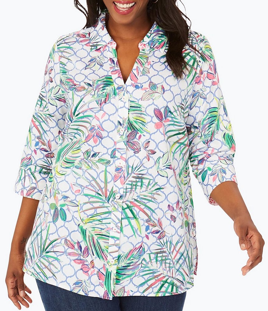 Foxcroft Plus Size Tropical Trellis Point Collar Neck Button Front 3/4 Sleeve Shirt