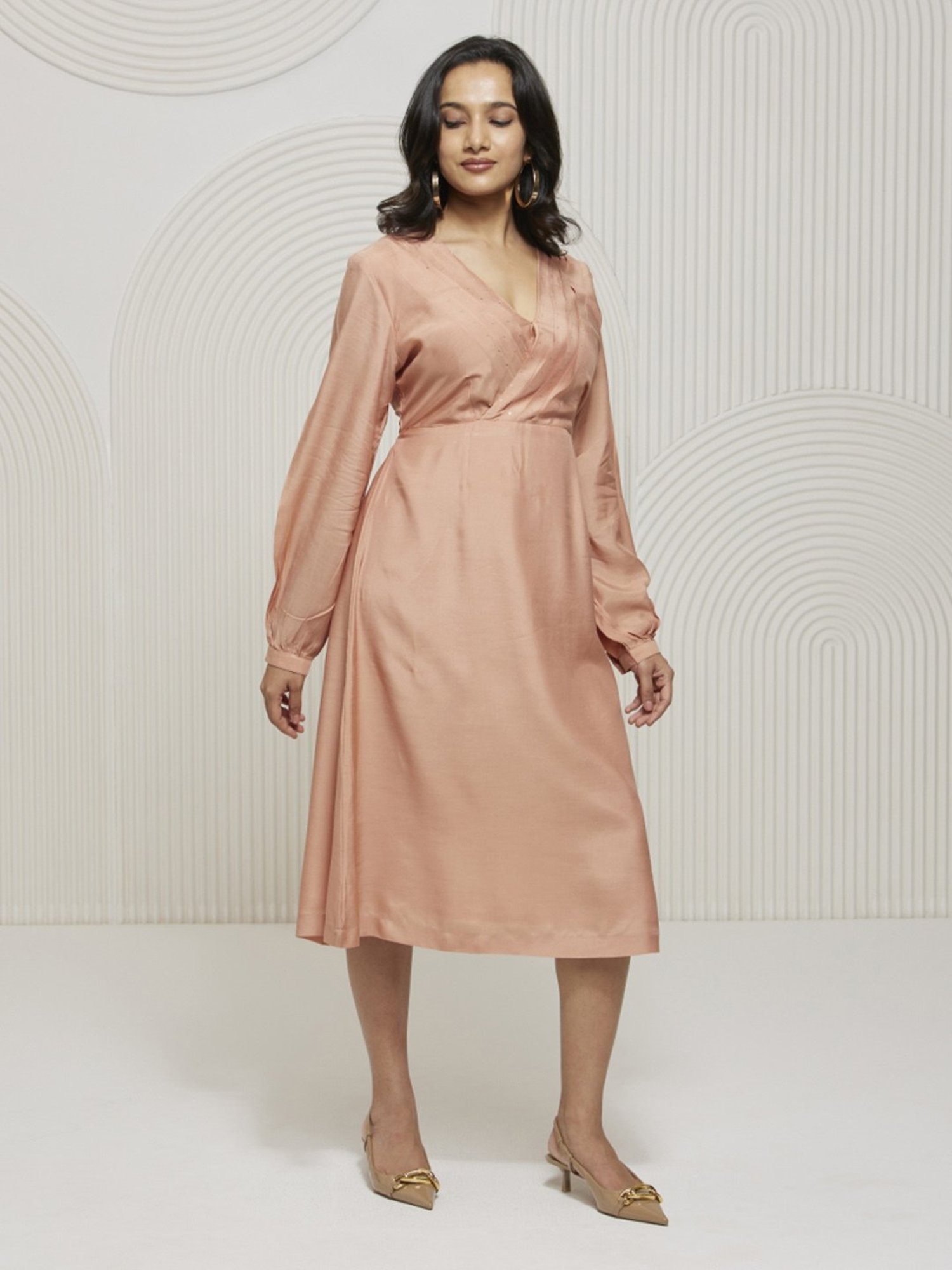 Artagai Salmon Pink Kashida Pleated Fit and Flare Dress with Mukaish Work On Neck