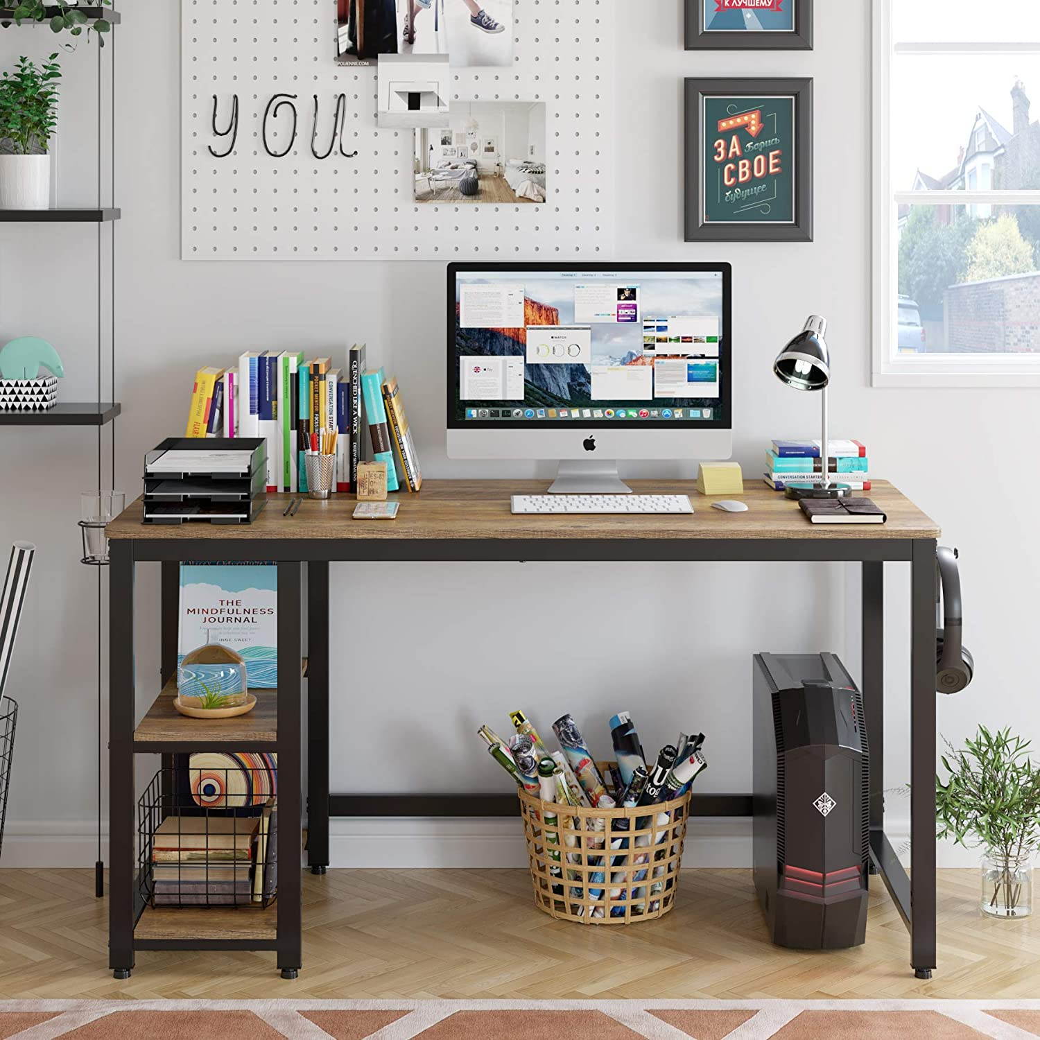 55" Industrial Computer Desk for Home Office, Wood Study Writing Desk with 2 Shelves, Large PC Desk Workstation Gaming Table with Sturdy Metal Frame, Rustic Brown