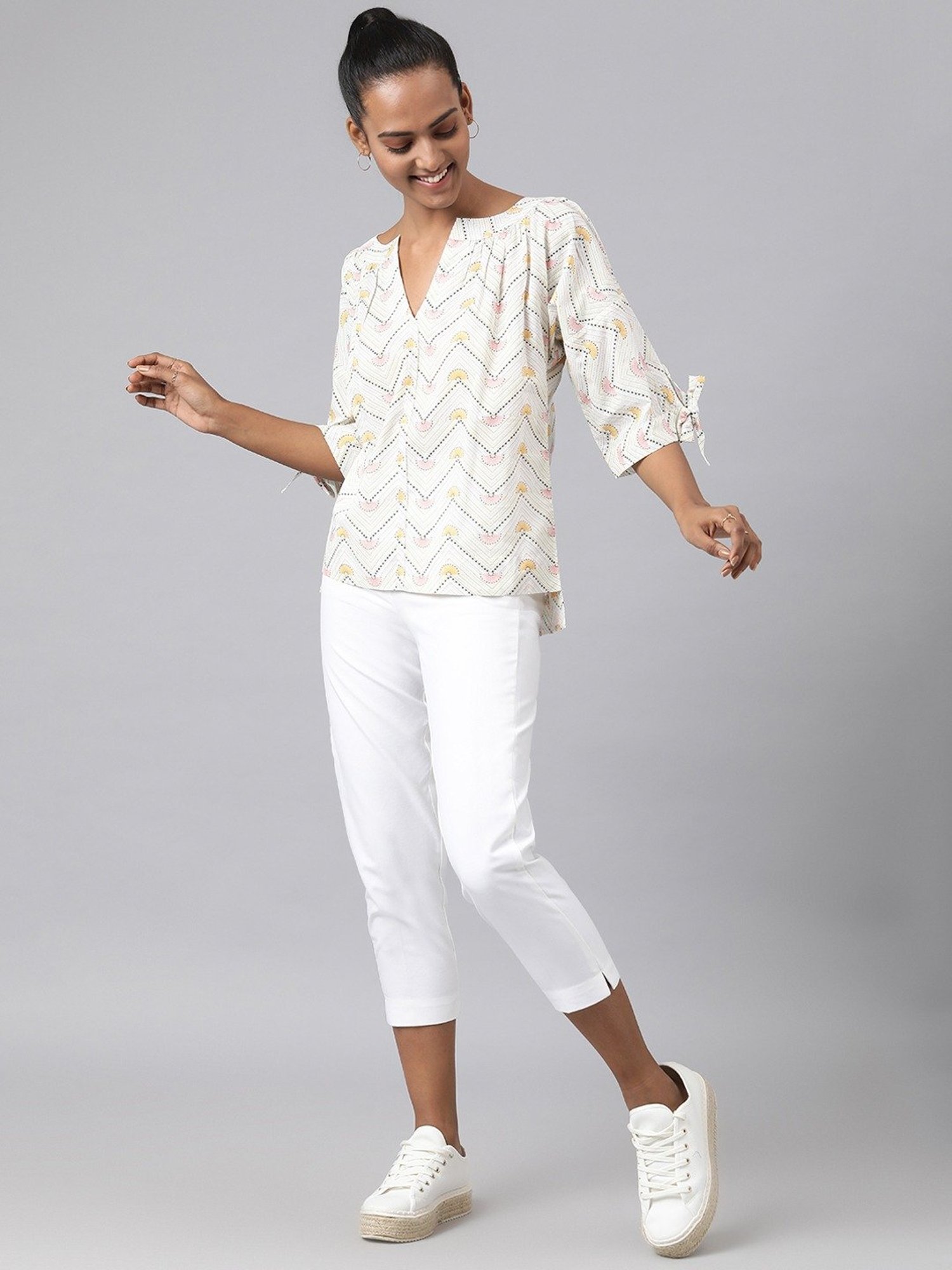 Fabindia White Cotton Printed Top