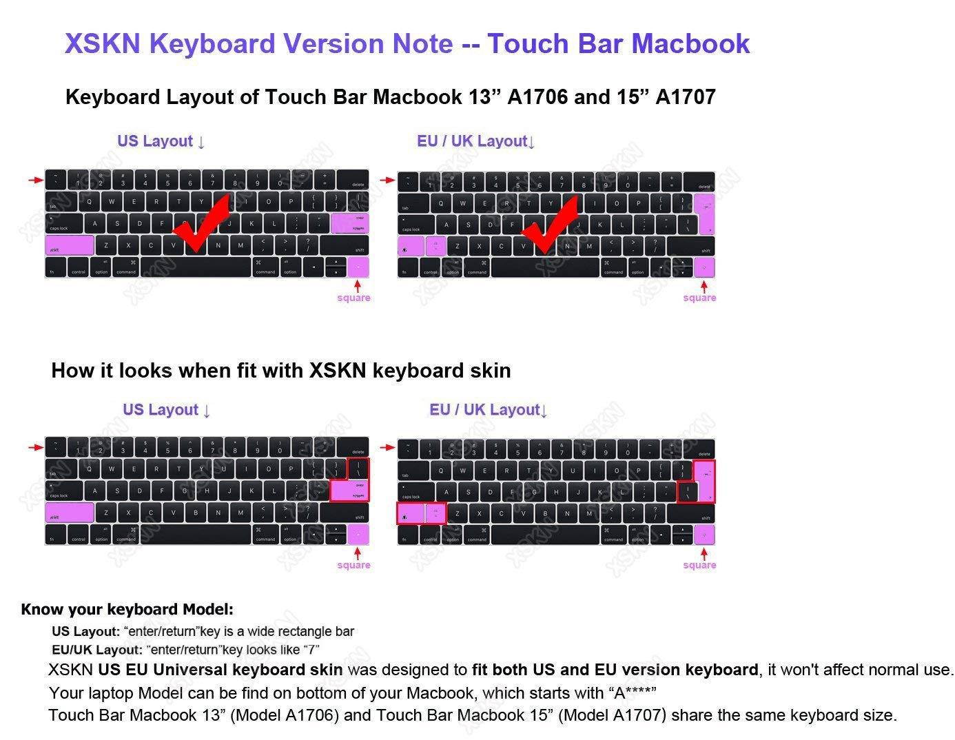 XSKN 2016 New Shortcut Design Series Keyboard Skin Cover for Touch Bar Models MacBook Pro 13 (A1706) & MacBook Pro 15 (A1707), US EU Universal Version (OS X)