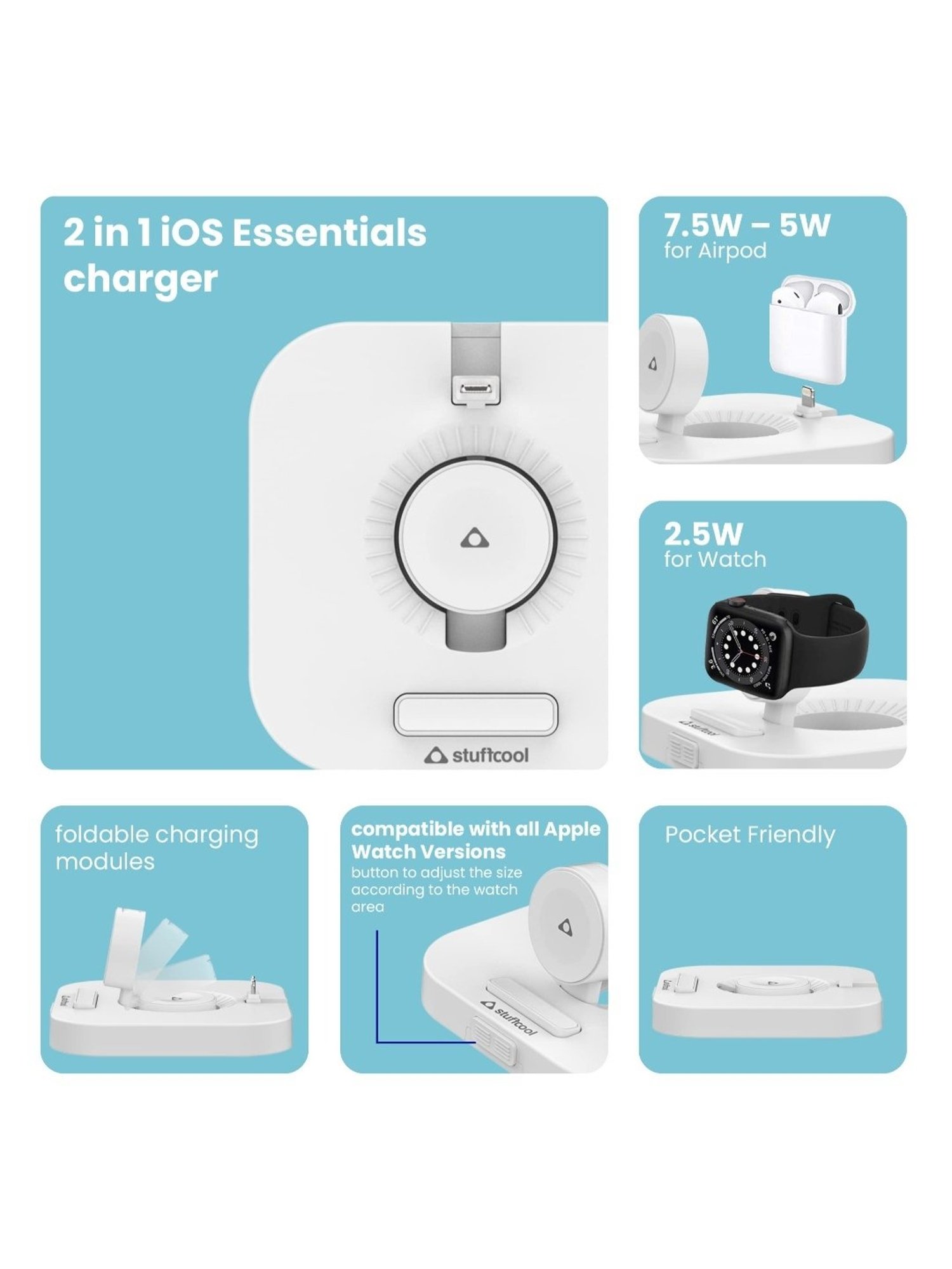 Stuffcool WC810 3-in-1 Wireless Charging Station for iPhones, Samsungs, Apple Watch (White)