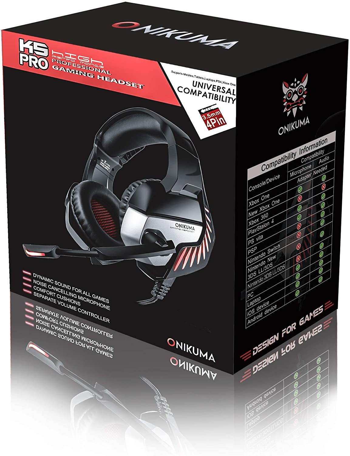 Gaming Headset for PS4 Xbox One PC Headphones with Microphone LED Light Mic for Nintendo Switch Playstation Computer K5 pro (Black&Red)