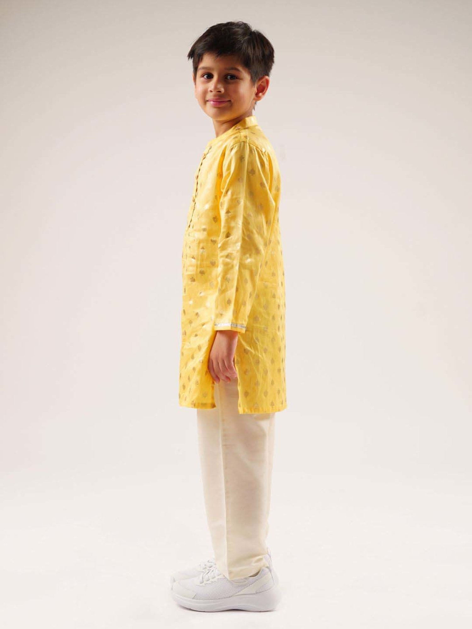 Lil Drama Kids Yellow & White Cotton Embroidered Full Sleeves Kurta Set