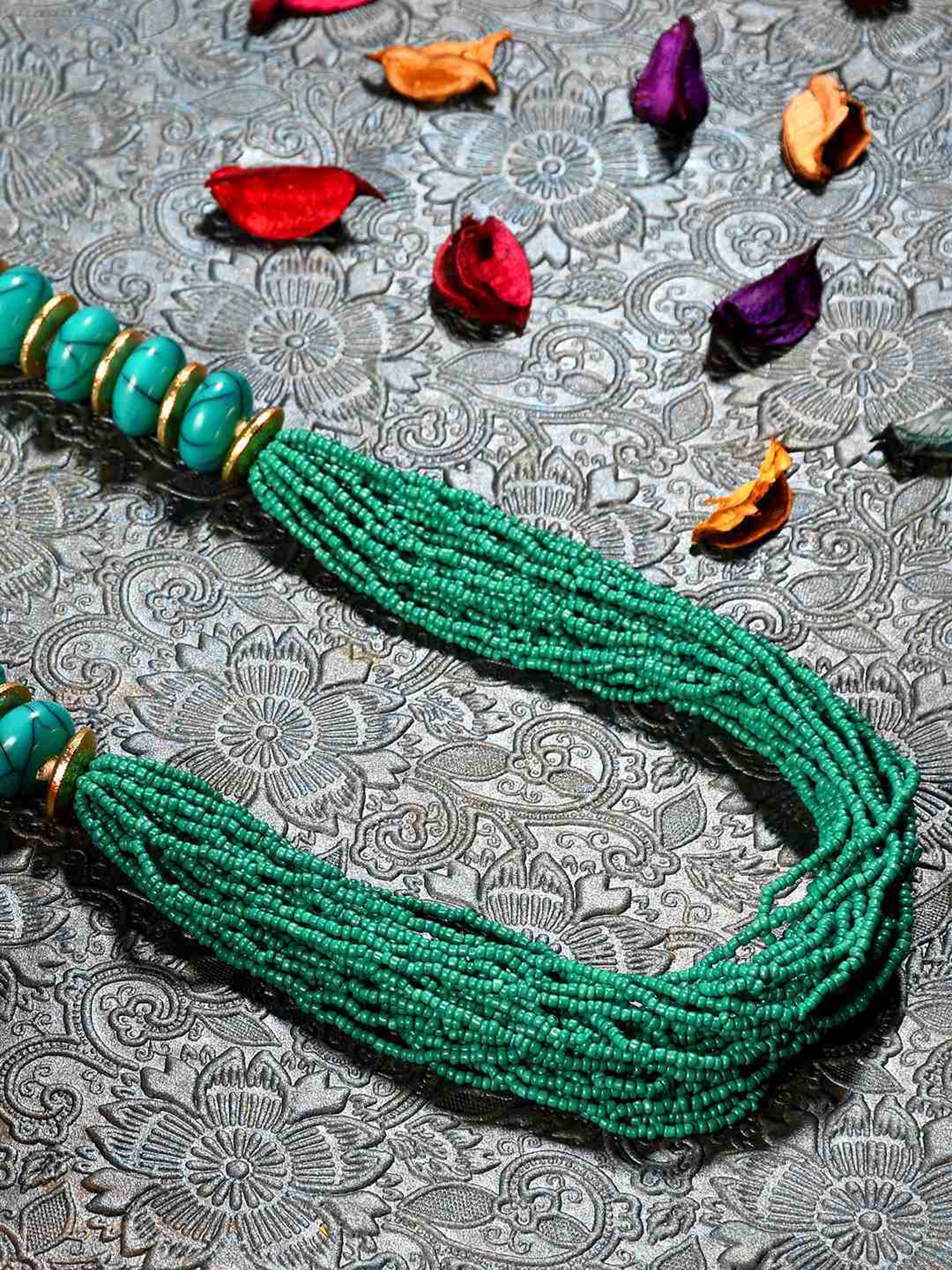 Imli Street Green Golden Long Beaded Handcrafted Necklace
