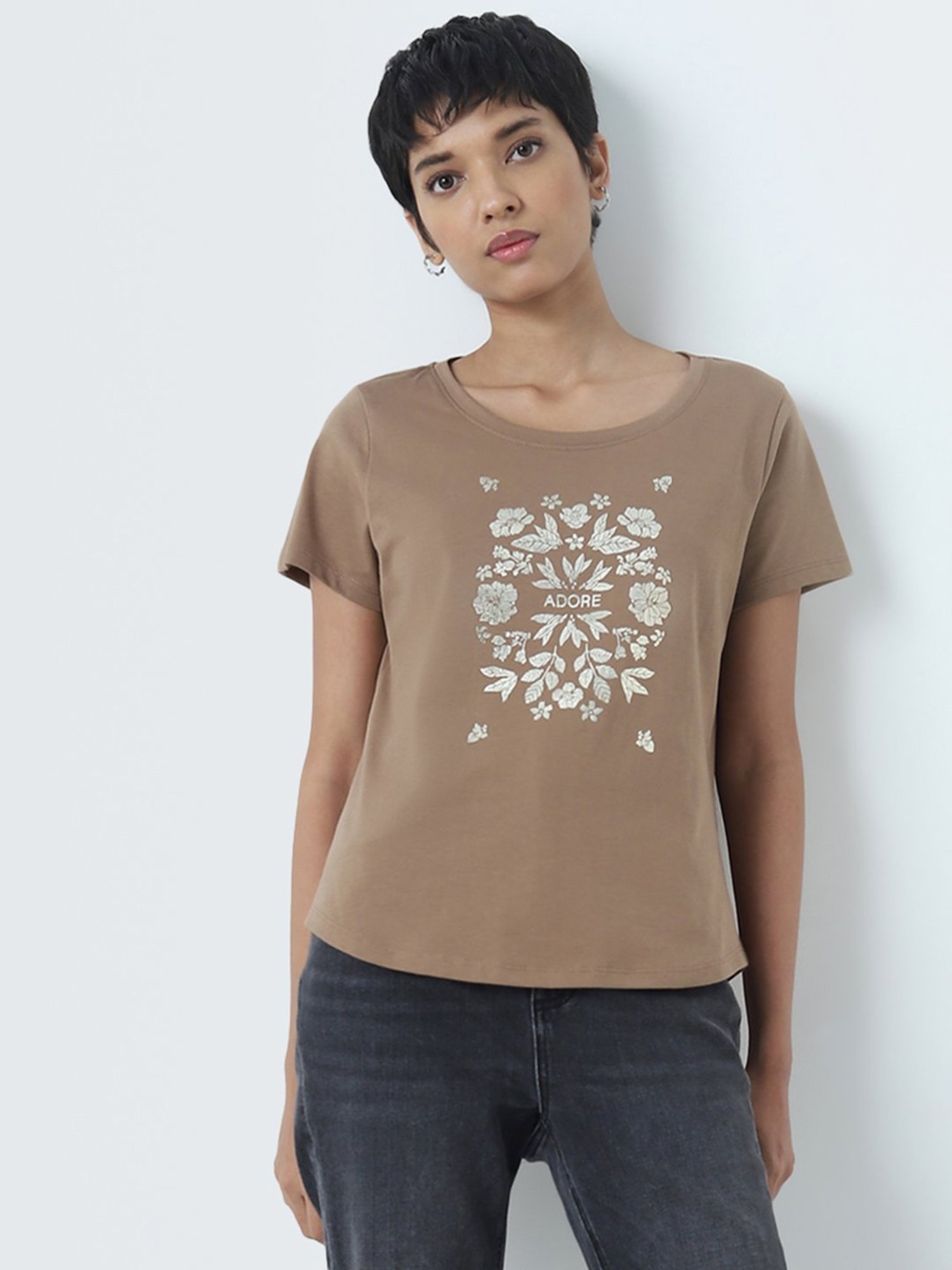 LOV by Westside Taupe Floral Design Cotton T-Shirt