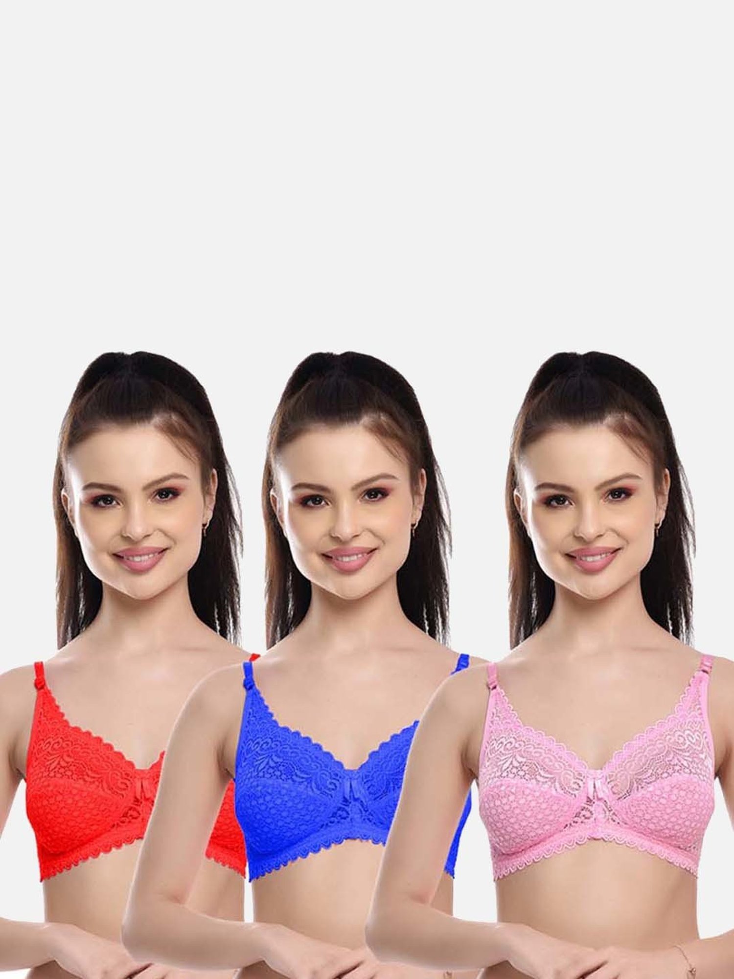 FIMS: Fashion is my Style Pink & Blue Lace Work Bralette Bras - Pack Of 3