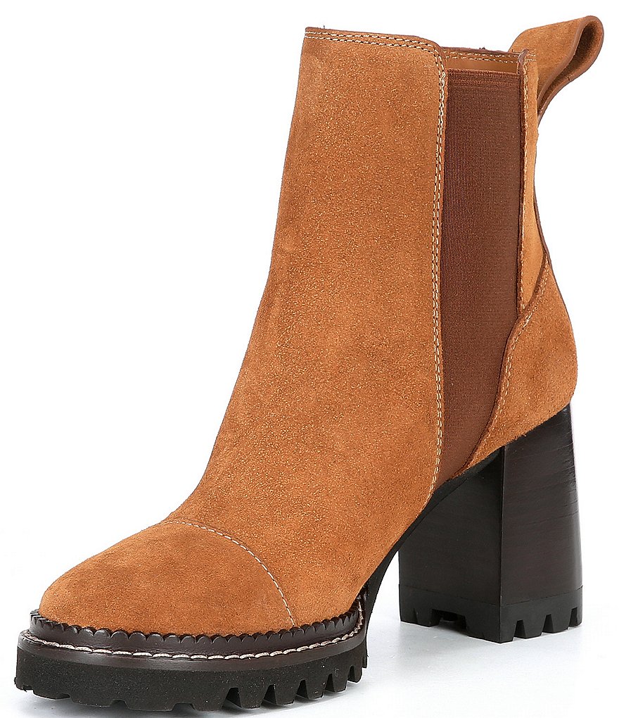 See by Chloe Mallory Suede Lug Sole Block Heel Chelsea Booties