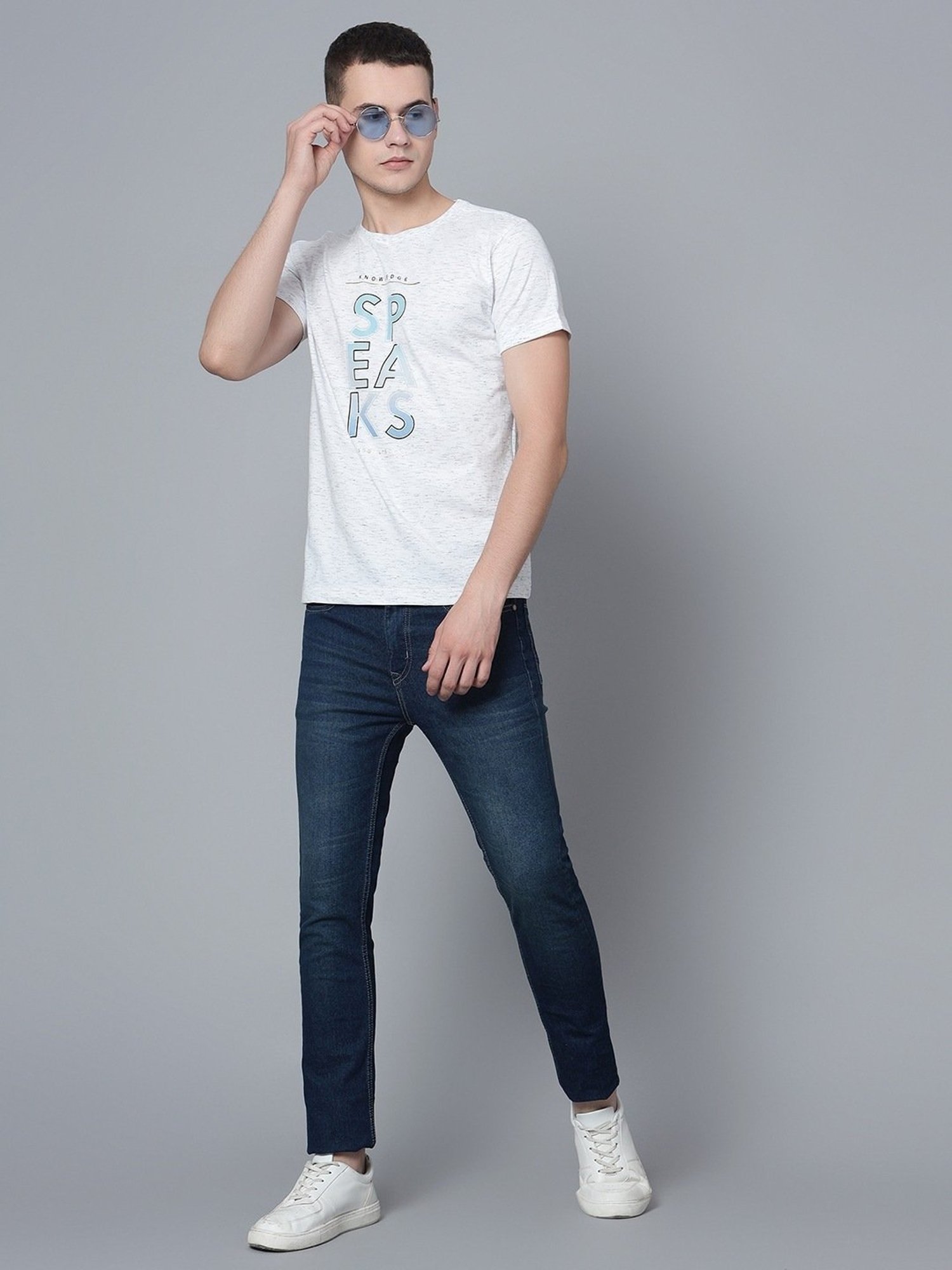 Cantabil Ecru Melange Cotton Regular Fit Printed T-Shirt