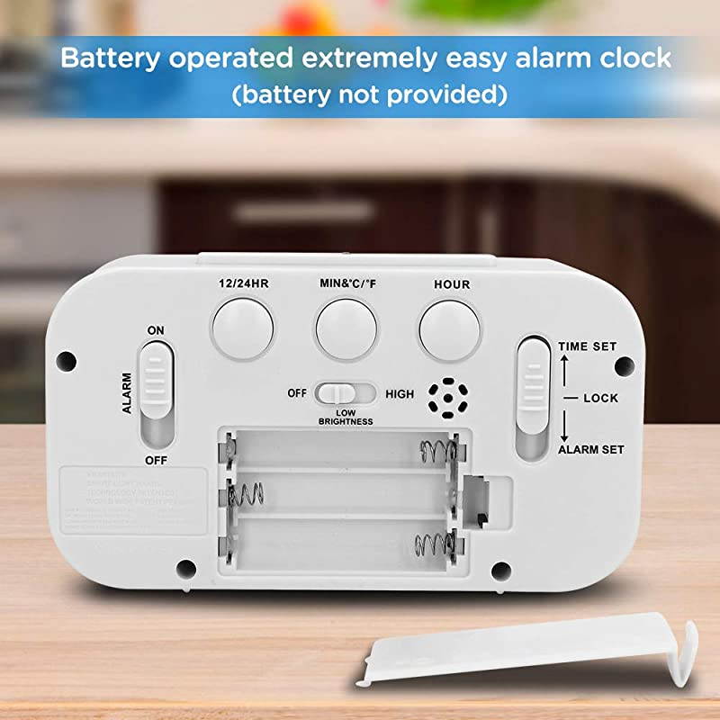 Battery Operated Smart Night Light Digital Alarm Clock with Indoor Temperature White