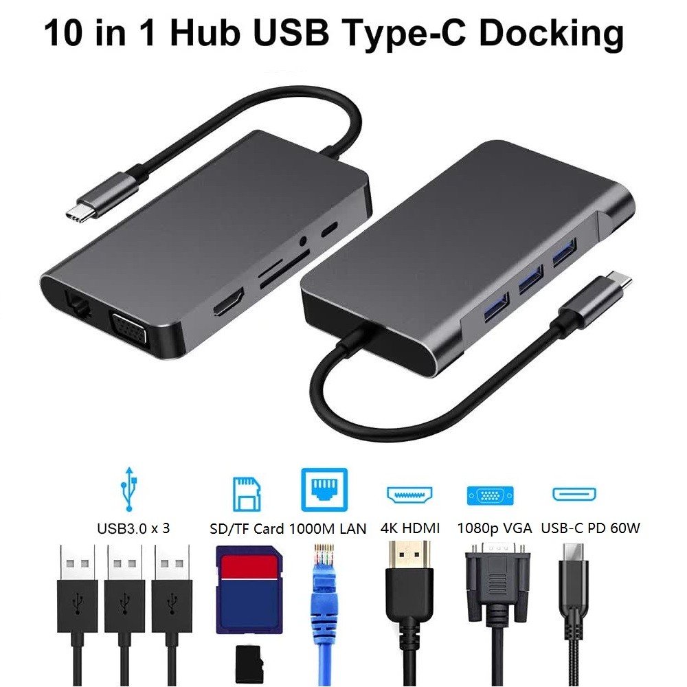 10-in-1 USB C HUB Type-C to HDMI / VGA / 1000M LAN / SD / TF / 3 x  USB / PD / Audio Dock, Thunderbolt 3 Compatible, 4K HDMI, Gigabit Ethernet, SD/TF Card Reader, 100W PD Charging, 10 in 1 USB-C HUB