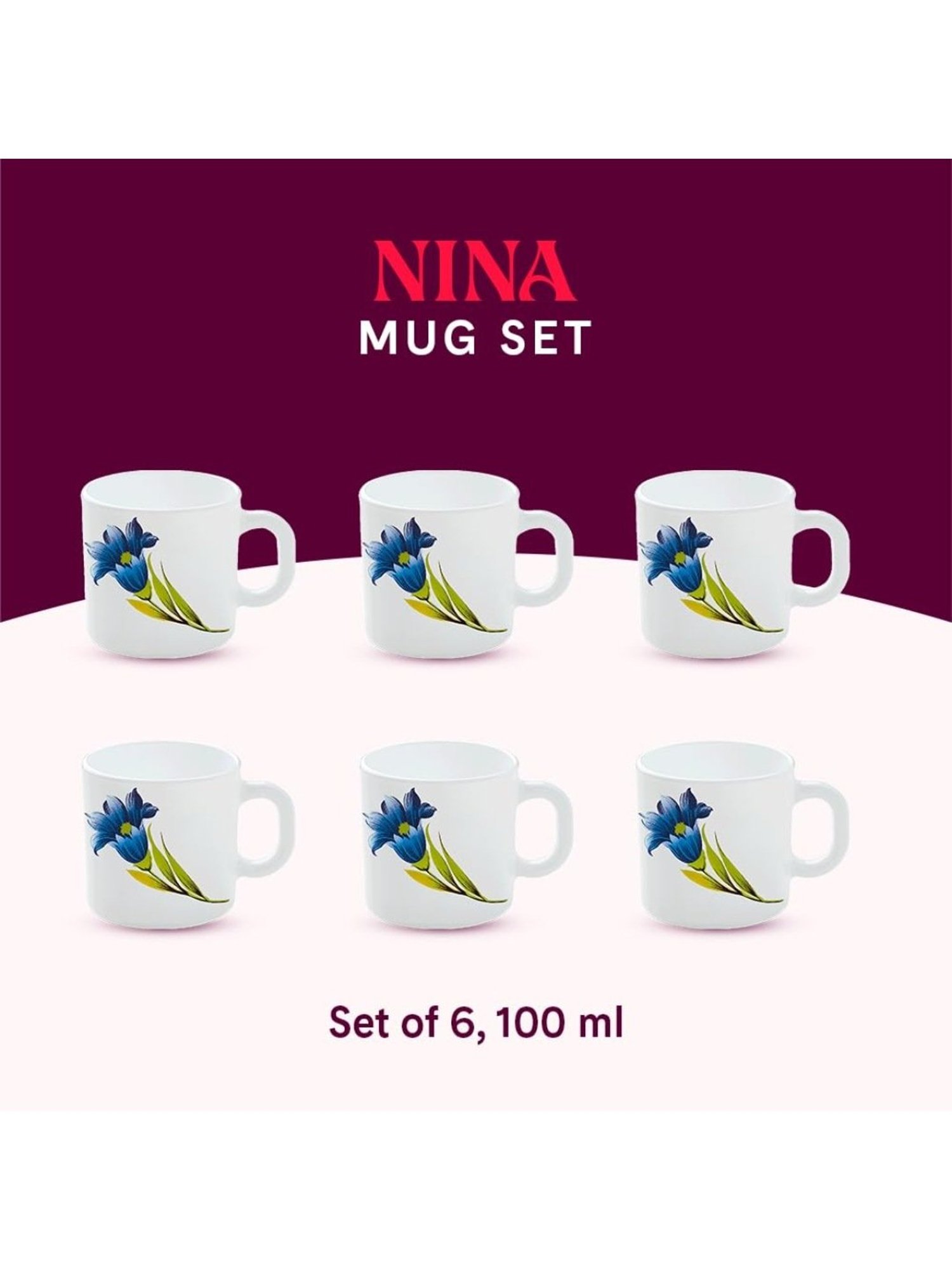 Larah by Borosil White Ceramic Opalware Mug - Set of 6 160ml