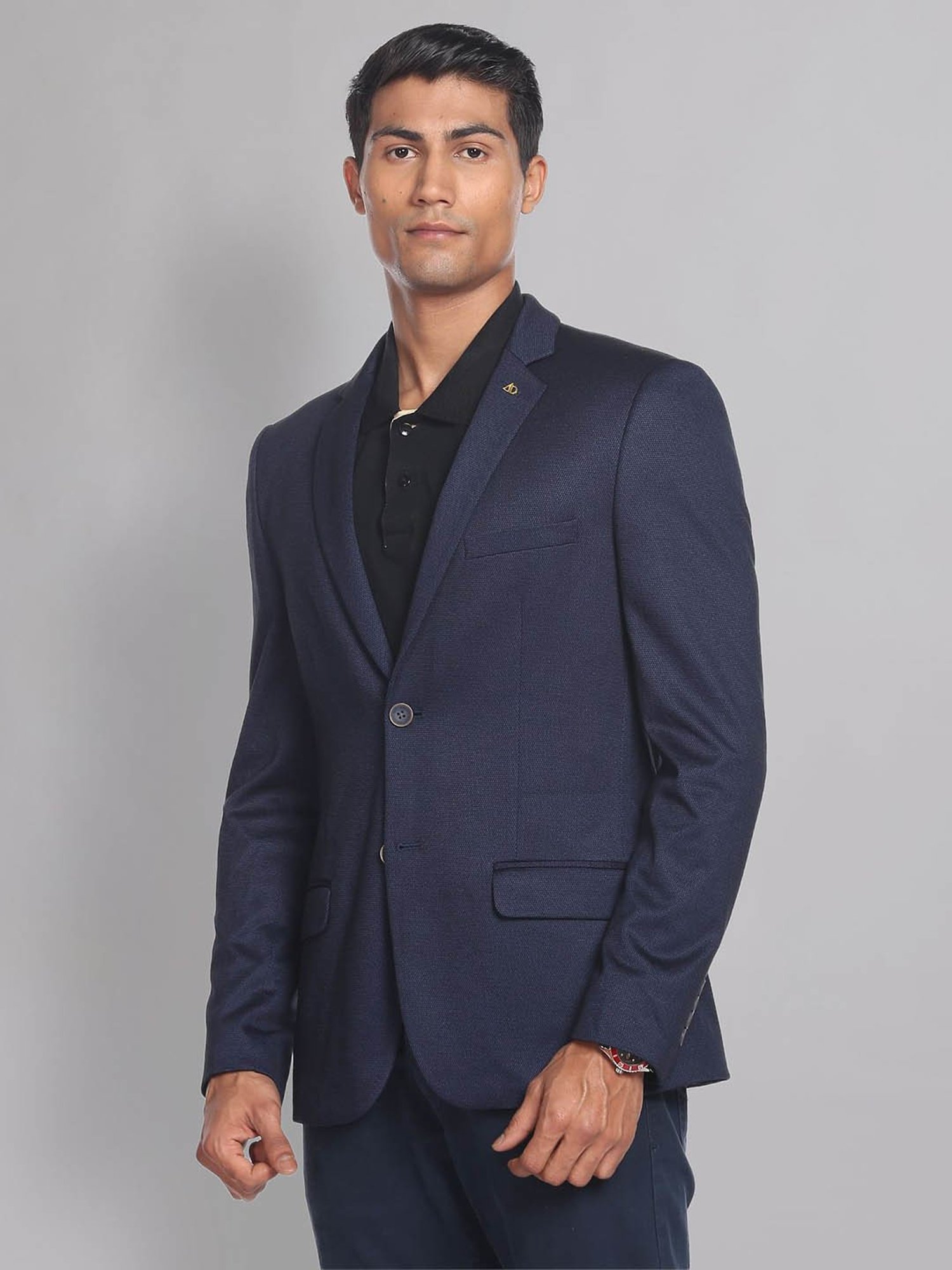 AD by Arvind Navy Slim Fit Self Design Blazer