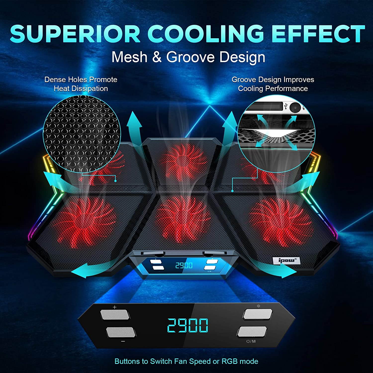 RGB Laptop Cooling Pad Gaming Laptop Cooler with 6 High-Speed Adjustable Fans, 7 Heights Stand, LED Screen, 2 USB Ports, Compatible up to 17'' Laptop & PS4