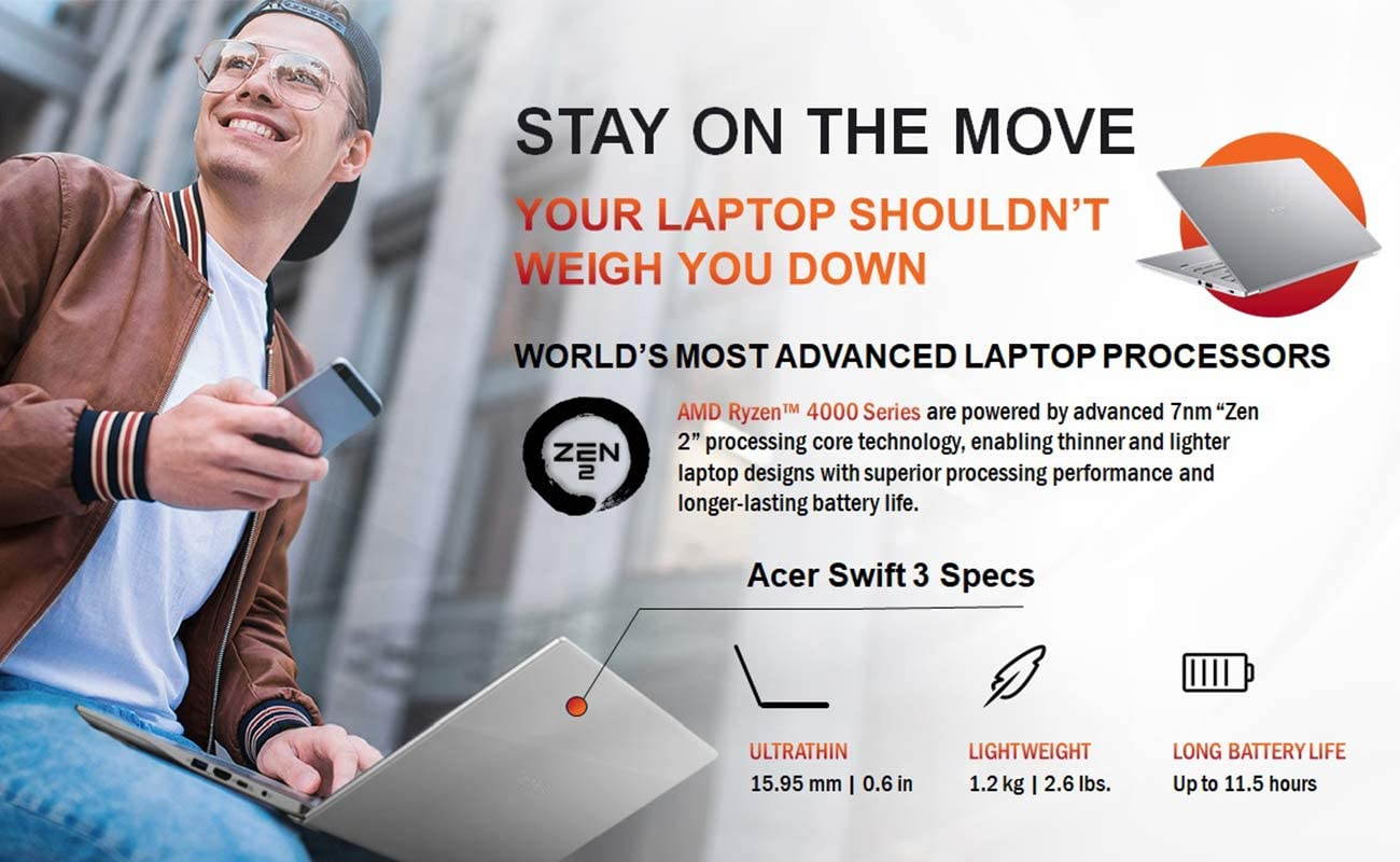 Acer Swift 3 Thin & Light Laptop, 14" Full HD IPS, AMD Ryzen 7 4700U Octa-Core Processor with Radeon Graphics, 8GB LPDDR4, 512GB NVMe SSD, WiFi 6, Backlit Keyboard, Fingerprint Reader, SF314-42-R9YN