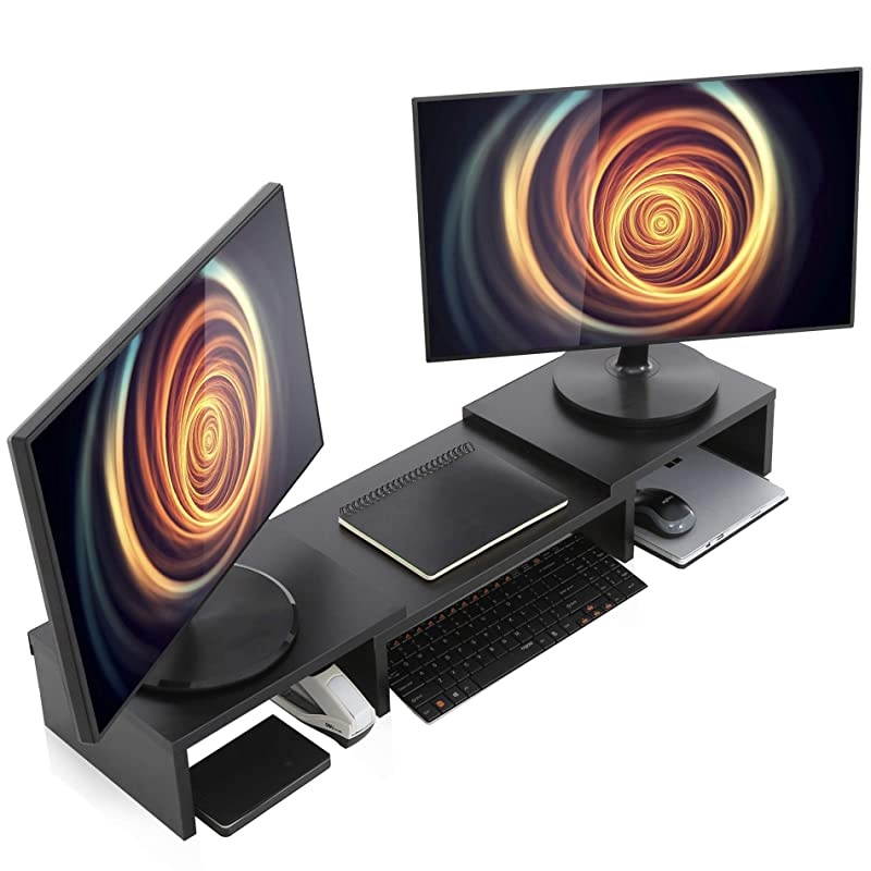 Dual Monitor Stand Riser with Adjustable Length Multi Media Speaker TV PC Laptop Computer Screen Stand Riser Desktop Stand Storage Organizer for iMacPrinterNotebookXbox OneBlack