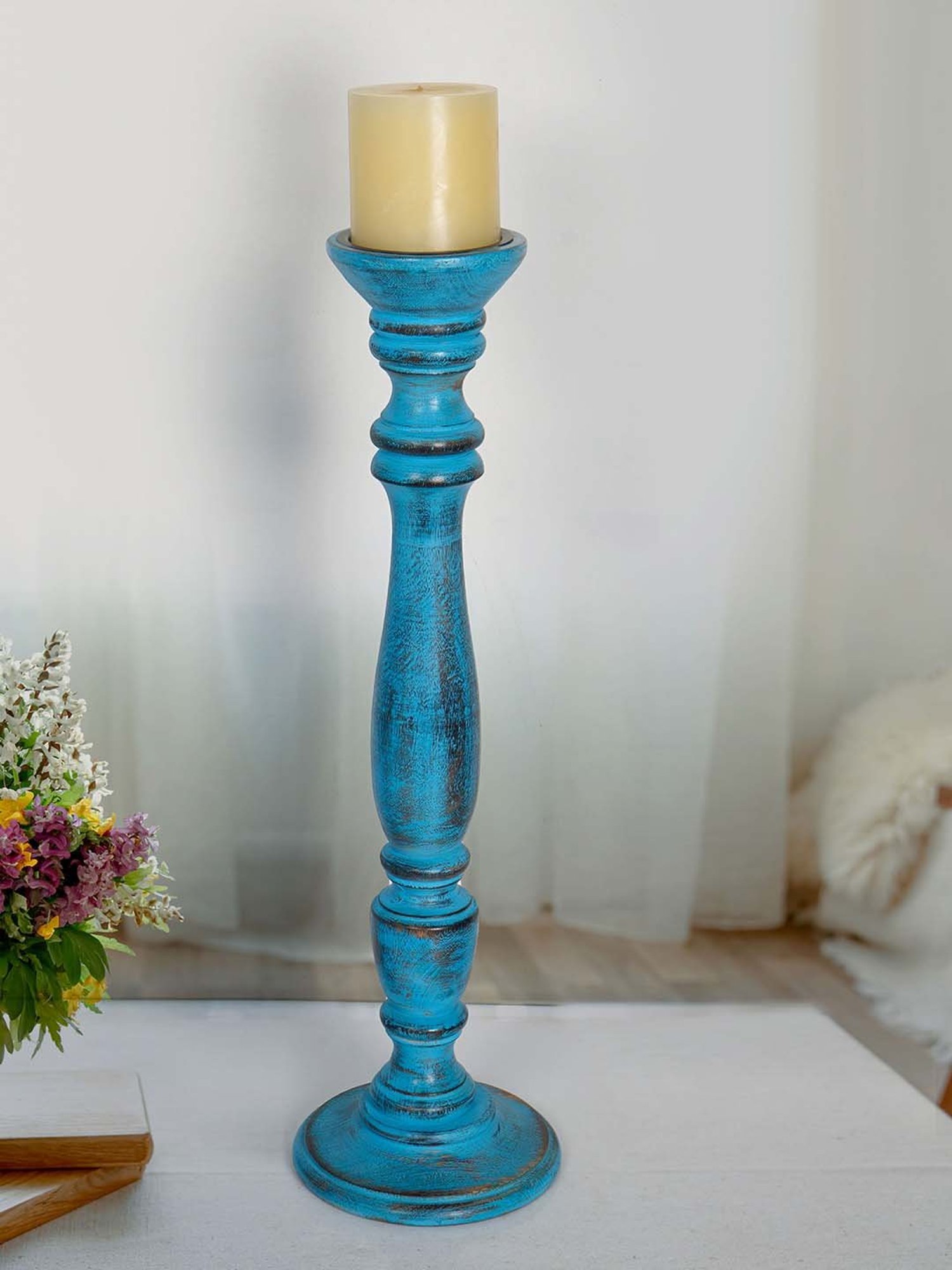 FOS LIGHTING Blue Wood Candle Holder without Candle - Set of 1