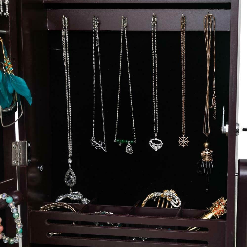 Mirrored Lockable Jewelry Cabinet Armoire Organizer Storage Box w/ Stand