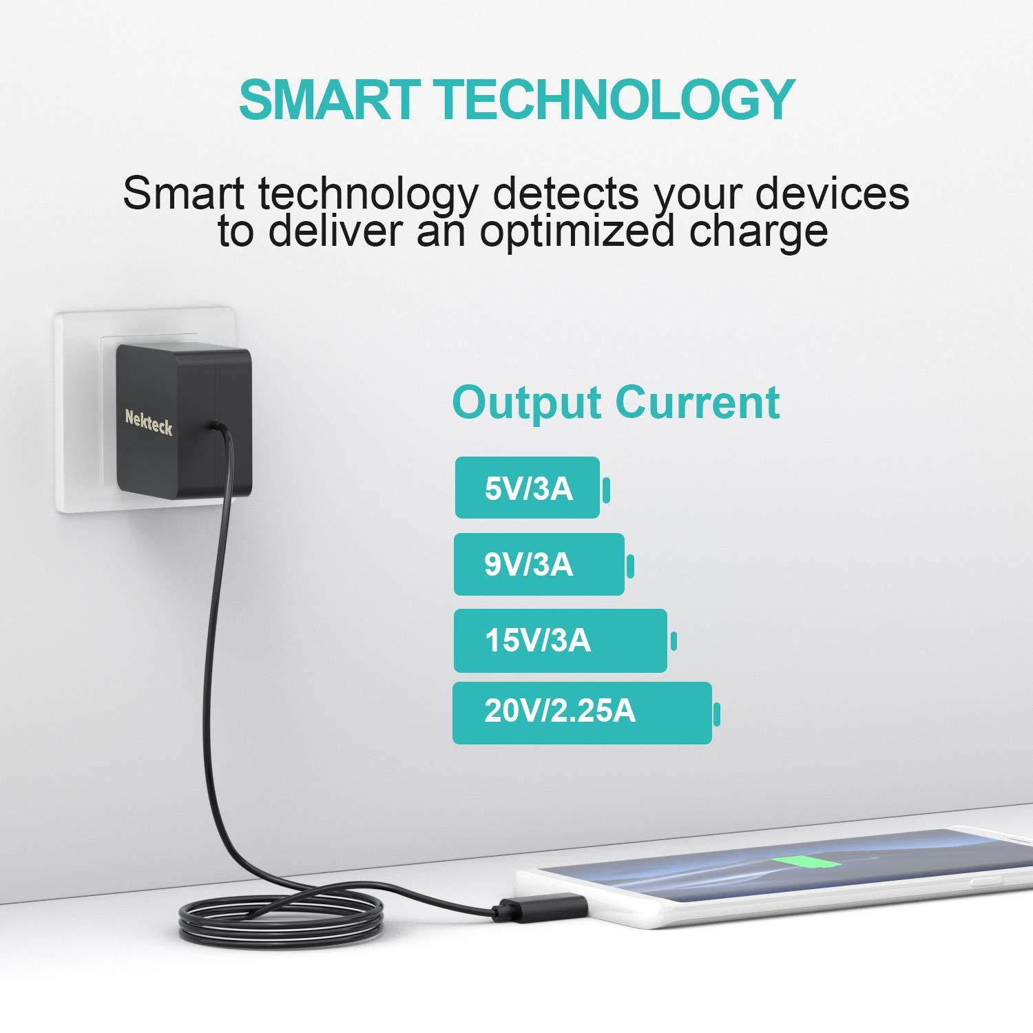Nekteck 45W USB C Wall Charger with Power Delivery, Laptop Fast Charging Adapter Built-in 6ft Type C Cable for MacBook, Dell XPS, Surface Go, Pixel, Galaxy, Nintendo (Black)