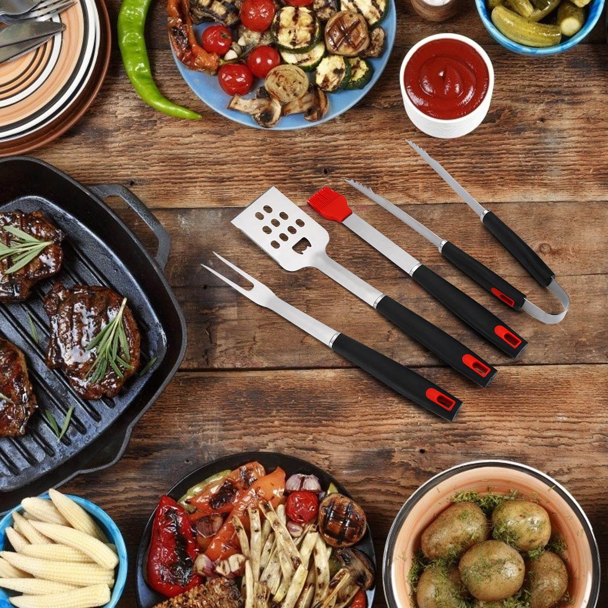 FirstPower 4Pcs Stainless BBQ CLUB Grill Tool Set  Piece-Tongs, Spatula, Fork, Brush
