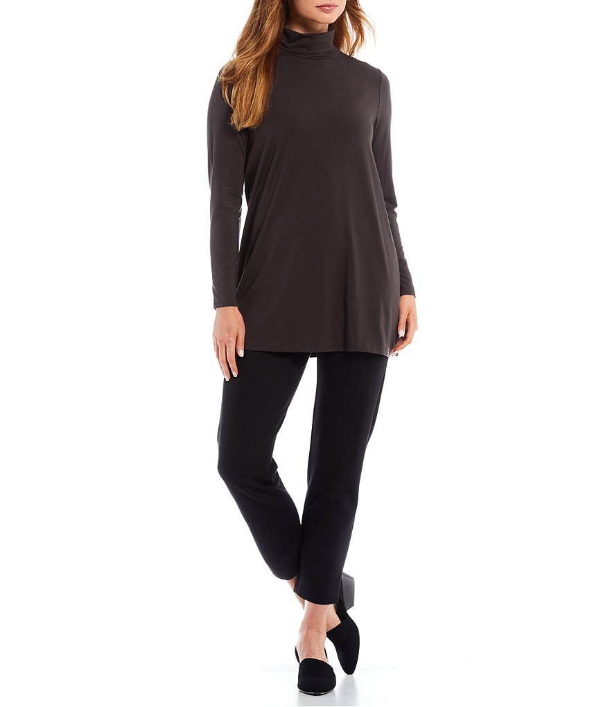 Eileen Fisher Fine Stretch Knit Jersey Scrunch Mock Neck Long Sleeve Tunic