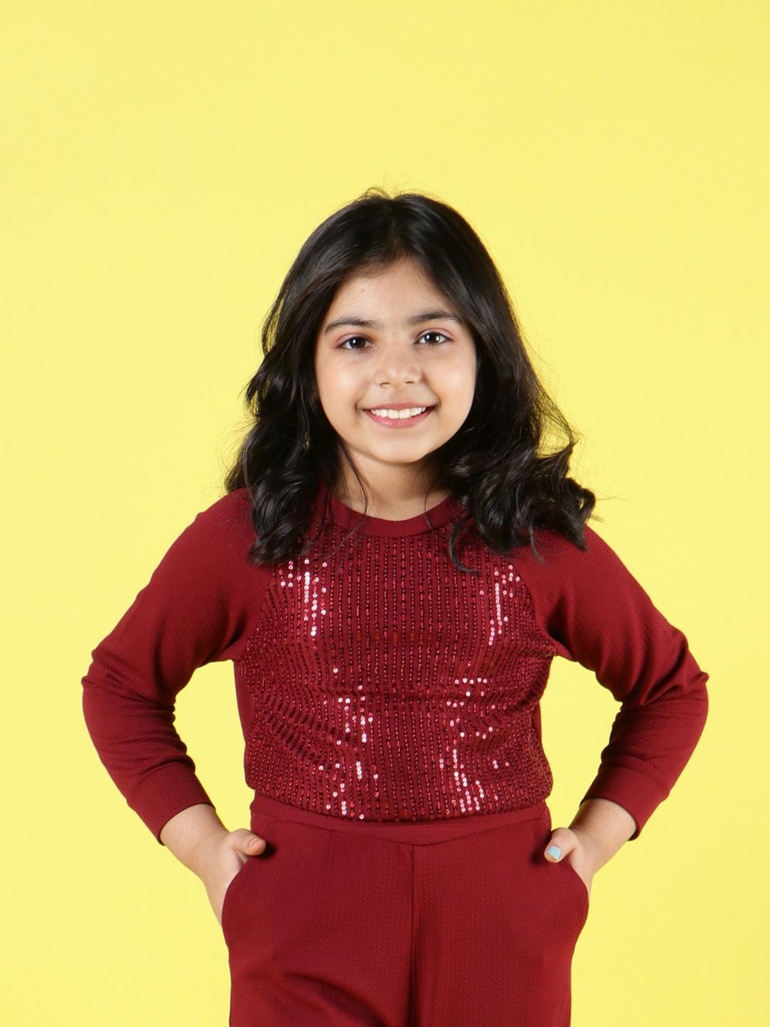 NEUDIS Kids Maroon Embellished Full Sleeves Top with Skirt