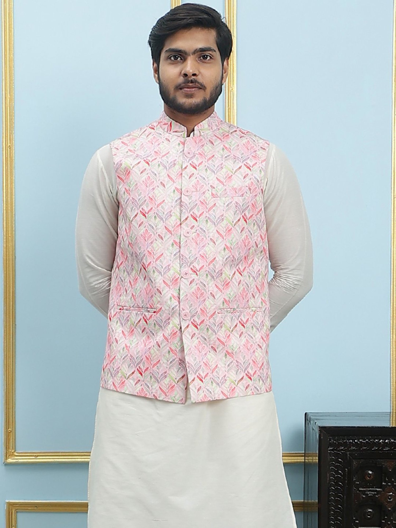 See Designs Pink Slim Fit Printed Nehru Jacket